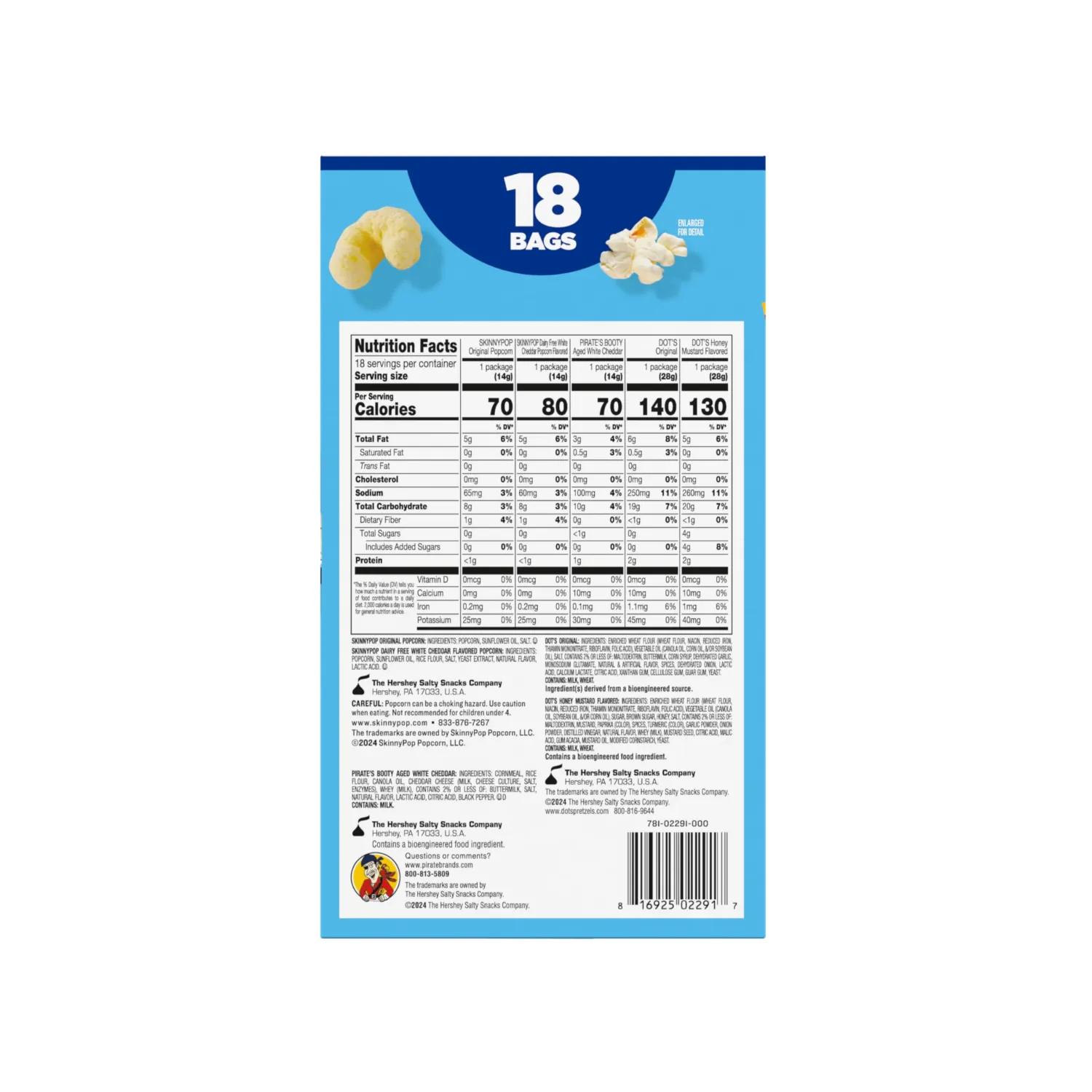SkinnyPop Family Favorites Variety Pack, SkinnyPop Original and White Cheddar Popcorn, Dot's Original and Honey Mustard Pretzels, Pirate's Booty, On-the-Go Snacks, 0.5oz and 1oz Bags (18 Count)