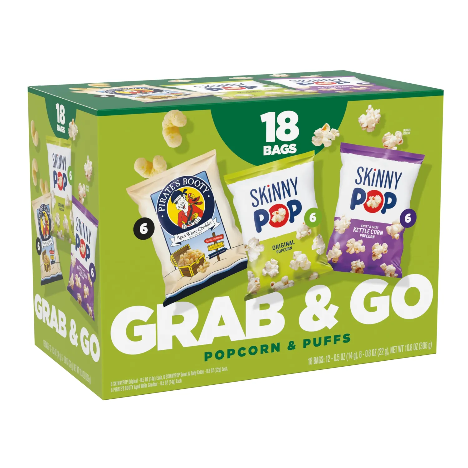 SkinnyPop Popcorn & Puffs Variety Multipack, SkinnyPop Original and Kettle Corn, and Pirate's Booty, Gluten-Free, Individually Sized Snack Bags, (18 Count)