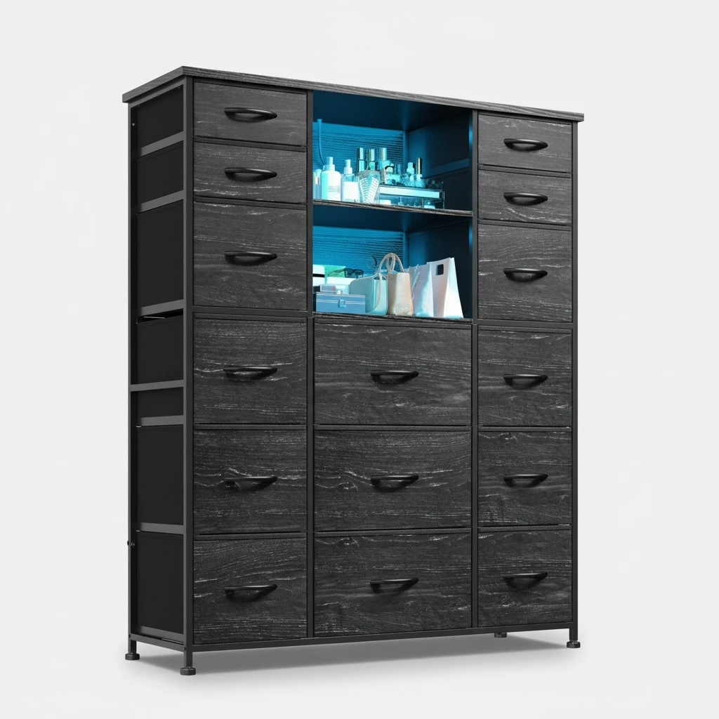 EnHomee 51" H Tall Dresser with 15 Drawers Dresser for Bedroom with Charging Station & LED Lights & Hutch Sturdy Black Bedroom Dressers, Steel Frame, Wood Top, 51.2" H x 39.3" W x 11.8" D