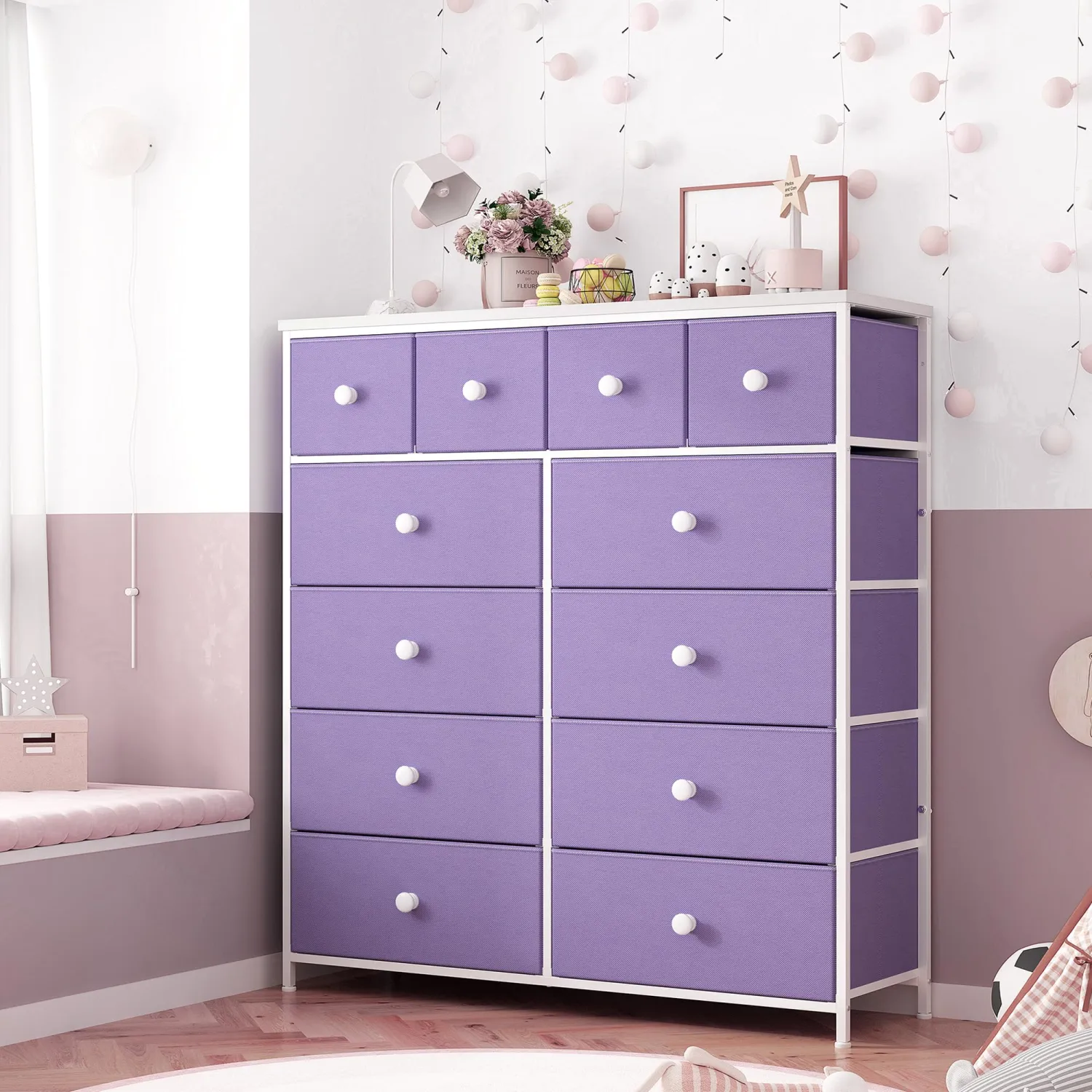 EnHomee Purple Dresser for Bedroom with 12 Drawers, Tall Dresser with Wooden Top and Metal Frame, Fabric Bedroom Dressers & Chests of Drawers Clearance, 40.6" W x 11.7" D x 43.7" H, Lavender
