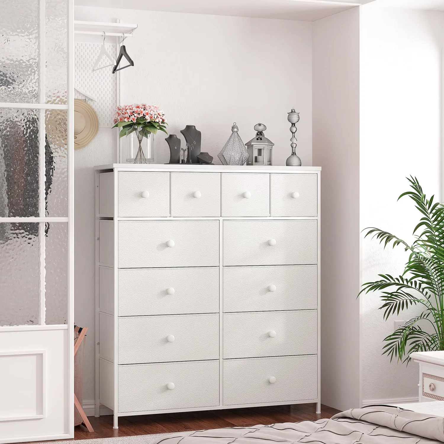 EnHomee Dresser, White Dresser for Bedroom with 12 Drawers, Tall Dressers for Bedroom, Fabric Dressers & Chest of Drawers for Closet, Nursery, Girls, 40.6" W x 11.8" D x 43.7" H