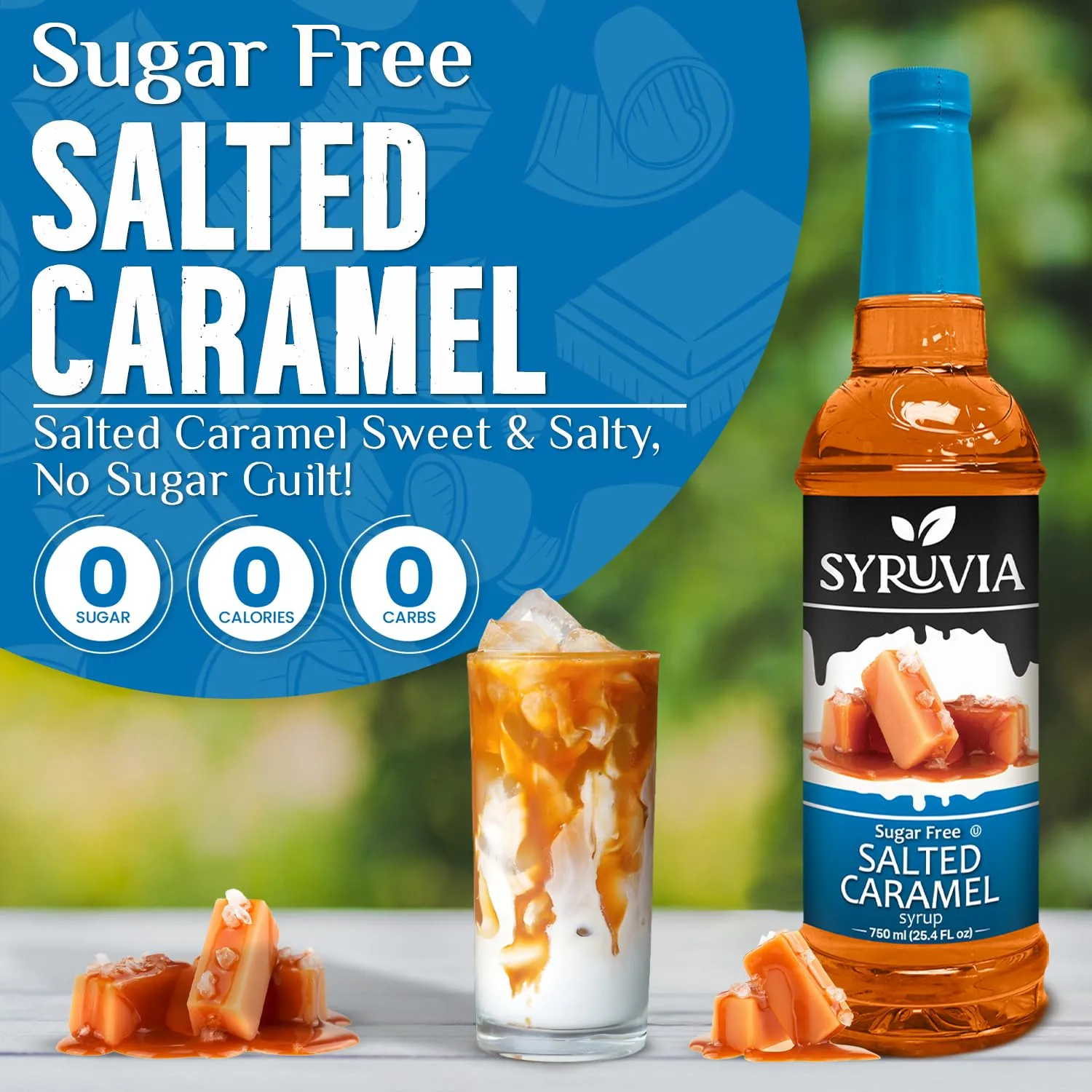 Syruvia Sugar Free Salted Caramel Syrup With Syrup Pump Dispenser – Salted Caramel Coffee Syrup Flavor, 25.4 fl oz, Kosher, Gluten Free, Perfect for Coffee, Drinks, Soda, Desserts, and More,