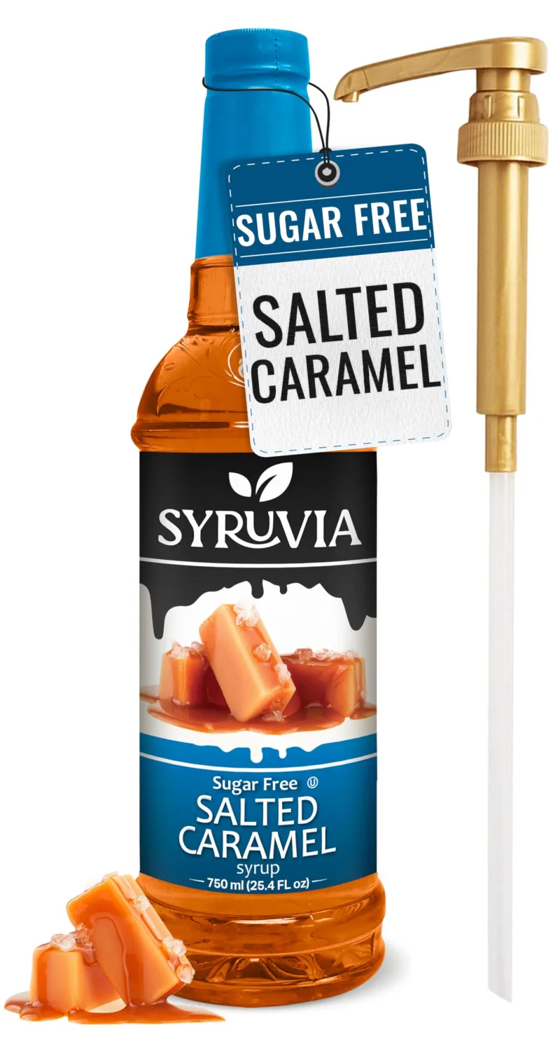Syruvia Sugar Free Salted Caramel Syrup With Syrup Pump Dispenser – Salted Caramel Coffee Syrup Flavor, 25.4 fl oz, Kosher, Gluten Free, Perfect for Coffee, Drinks, Soda, Desserts, and More,