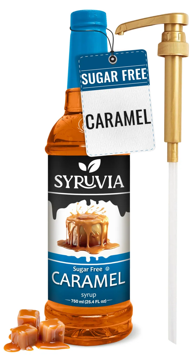 Syruvia Sugar Free Caramel Syrup With Syrup Pump Dispenser – Caramel Coffee Syrup Flavor, 25.4 fl oz, Kosher, Gluten Free, Perfect for Coffee, Drinks, Soda, Desserts, and More