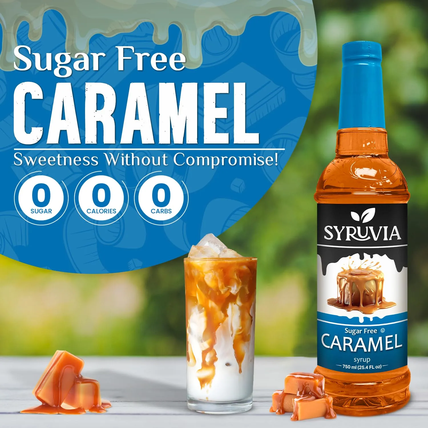 Syruvia Sugar Free Caramel Syrup With Syrup Pump Dispenser – Caramel Coffee Syrup Flavor, 25.4 fl oz, Kosher, Gluten Free, Perfect for Coffee, Drinks, Soda, Desserts, and More