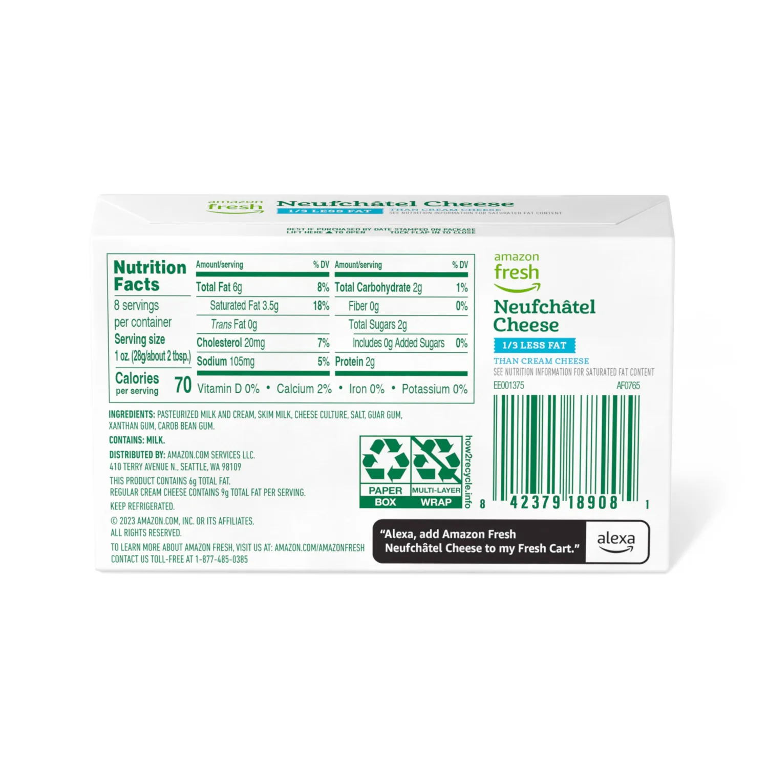 Amazon Fresh, Neufchâtel Cheese, 8 Oz (Previously Happy Belly, Packaging May Vary)