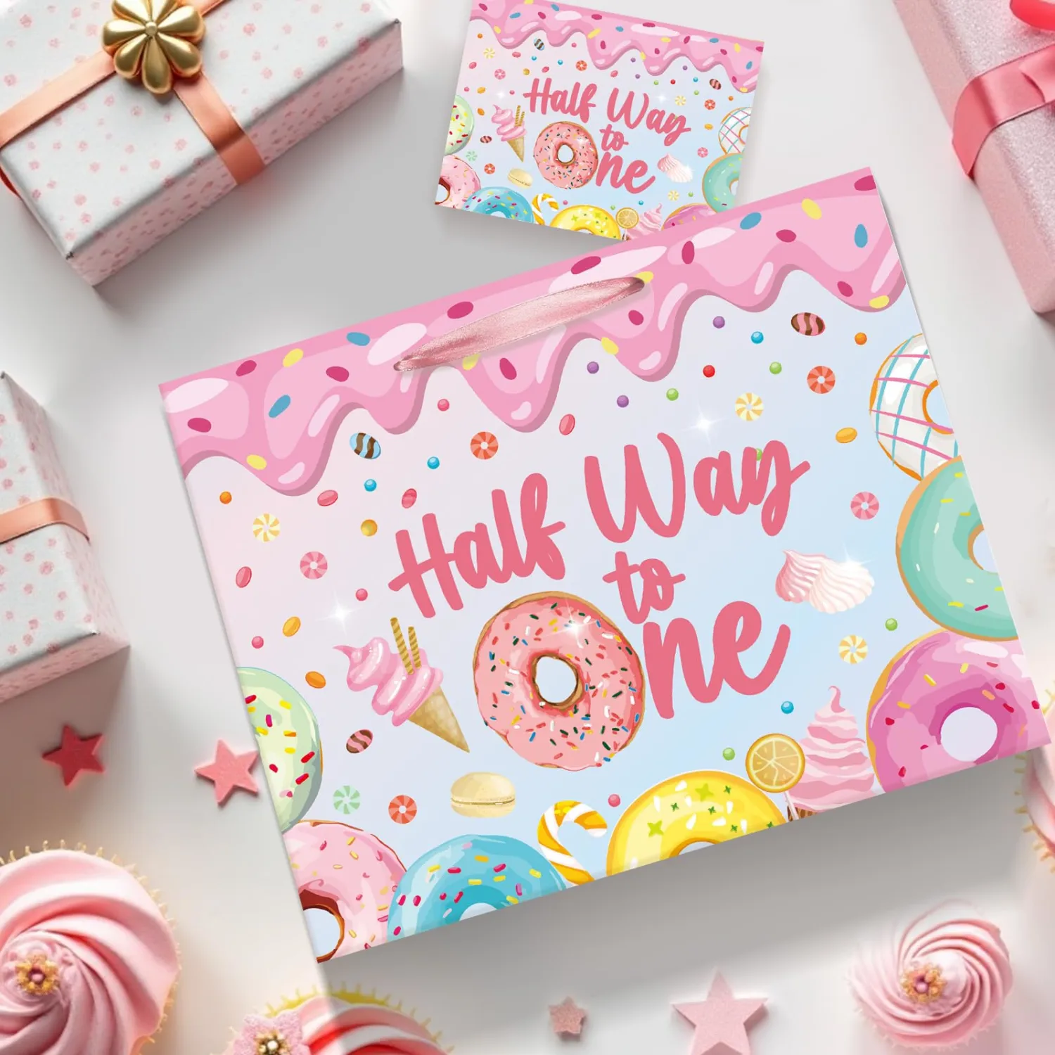 Half Way to One Birthday Gift Bag Donut 1/2 Birthday Gift Bag with Card and Tissue Paper Sweet Donut Ice Cream Gift Wrapping Bag Treat Goodie Bag for Girls Baby Shower 6 Month Birthday Decorations
