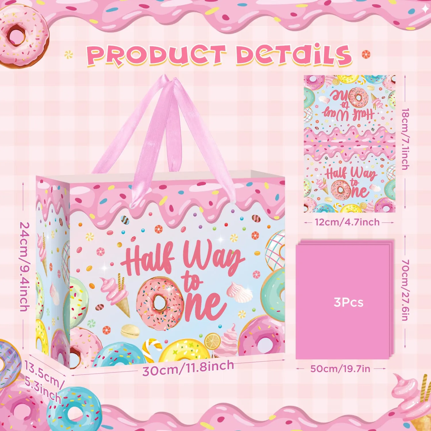 Half Way to One Birthday Gift Bag Donut 1/2 Birthday Gift Bag with Card and Tissue Paper Sweet Donut Ice Cream Gift Wrapping Bag Treat Goodie Bag for Girls Baby Shower 6 Month Birthday Decorations