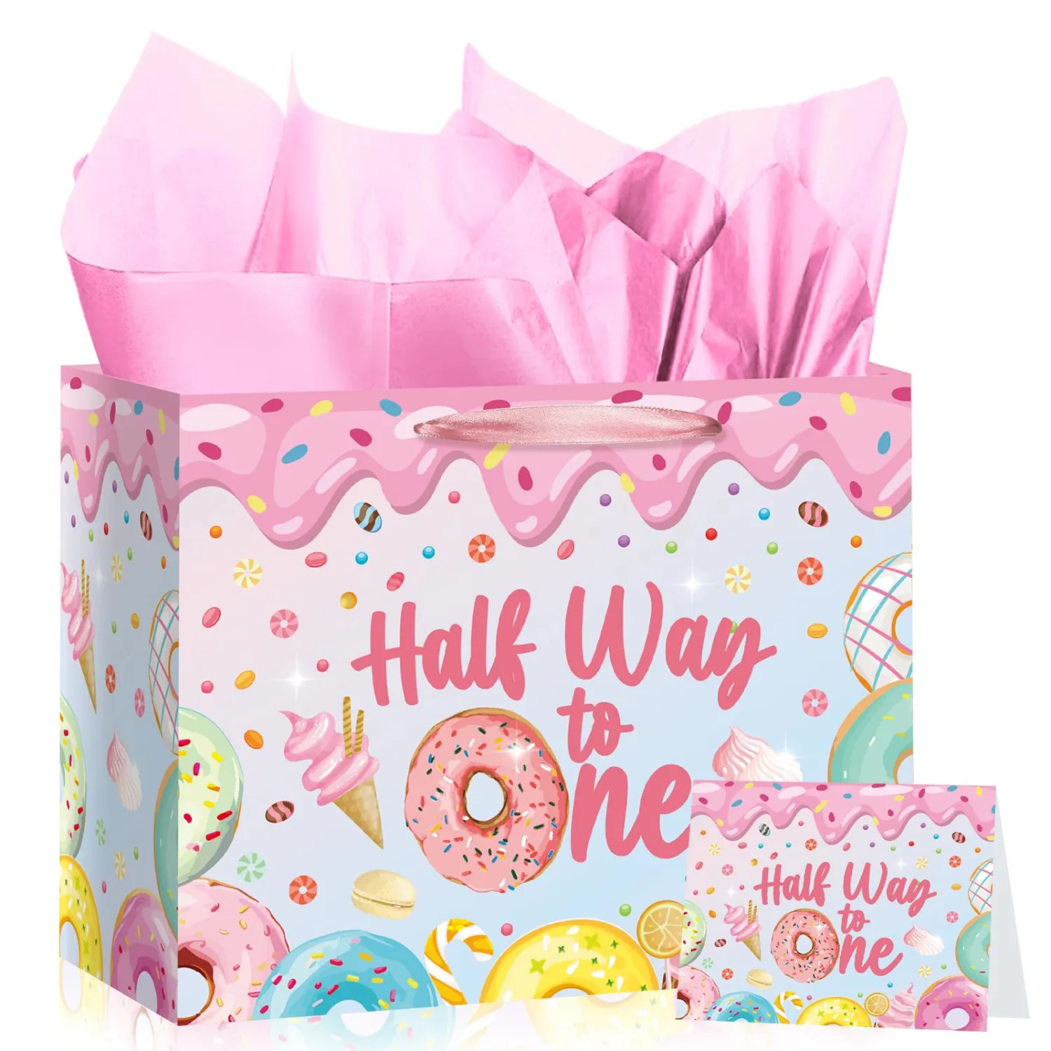 Half Way to One Birthday Gift Bag Donut 1/2 Birthday Gift Bag with Card and Tissue Paper Sweet Donut Ice Cream Gift Wrapping Bag Treat Goodie Bag for Girls Baby Shower 6 Month Birthday Decorations