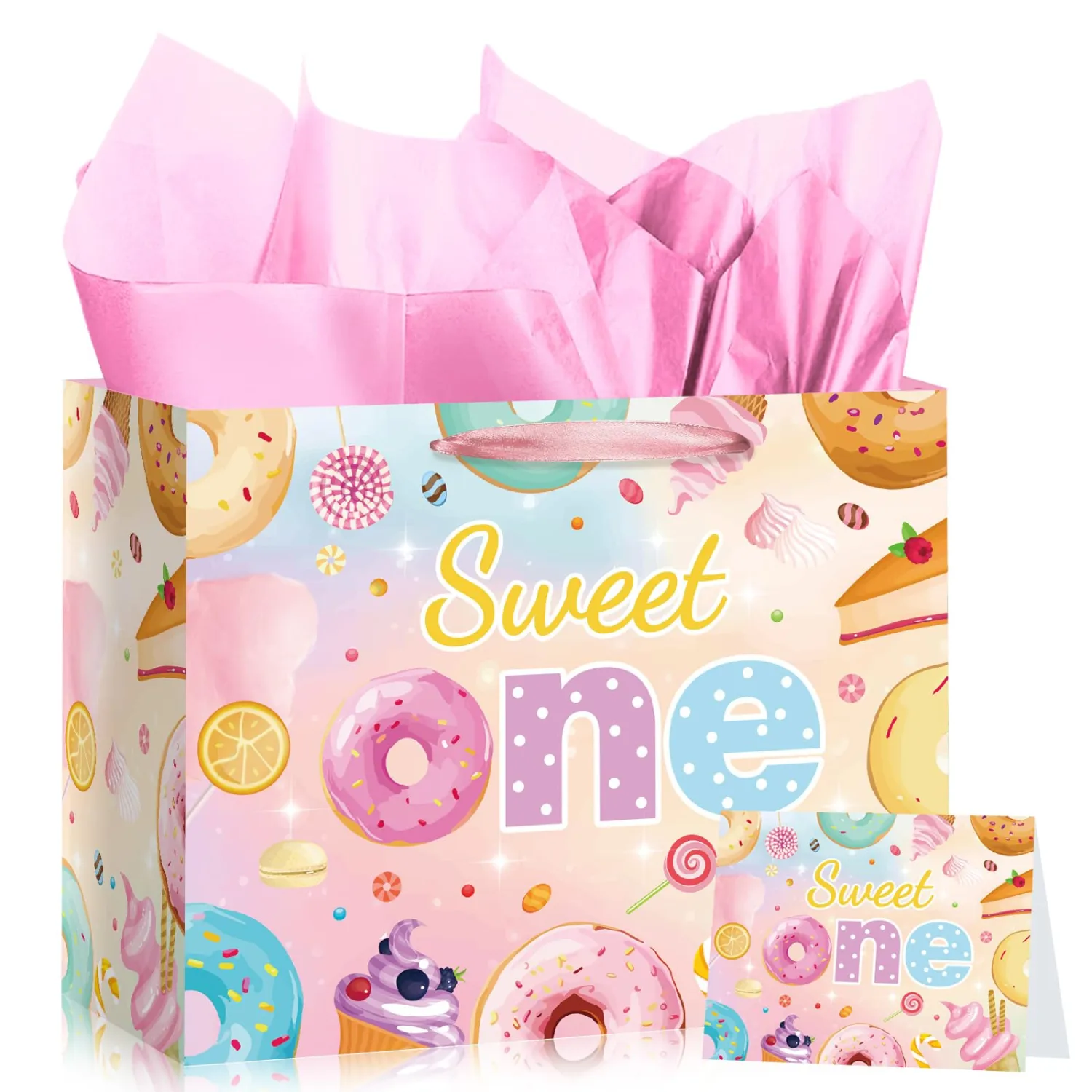 Sweet One Birthday Gift Bag Donut 1st Happy Birthday Gift Bag with Card and Tissue Paper Sweet First Donut Ice Cream Gift Wrapping Bag Treat Goodie Bag for One Year Old Girl First Birthday Baby Shower