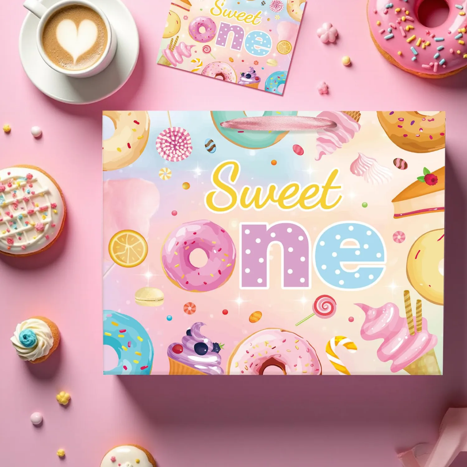 Sweet One Birthday Gift Bag Donut 1st Happy Birthday Gift Bag with Card and Tissue Paper Sweet First Donut Ice Cream Gift Wrapping Bag Treat Goodie Bag for One Year Old Girl First Birthday Baby Shower