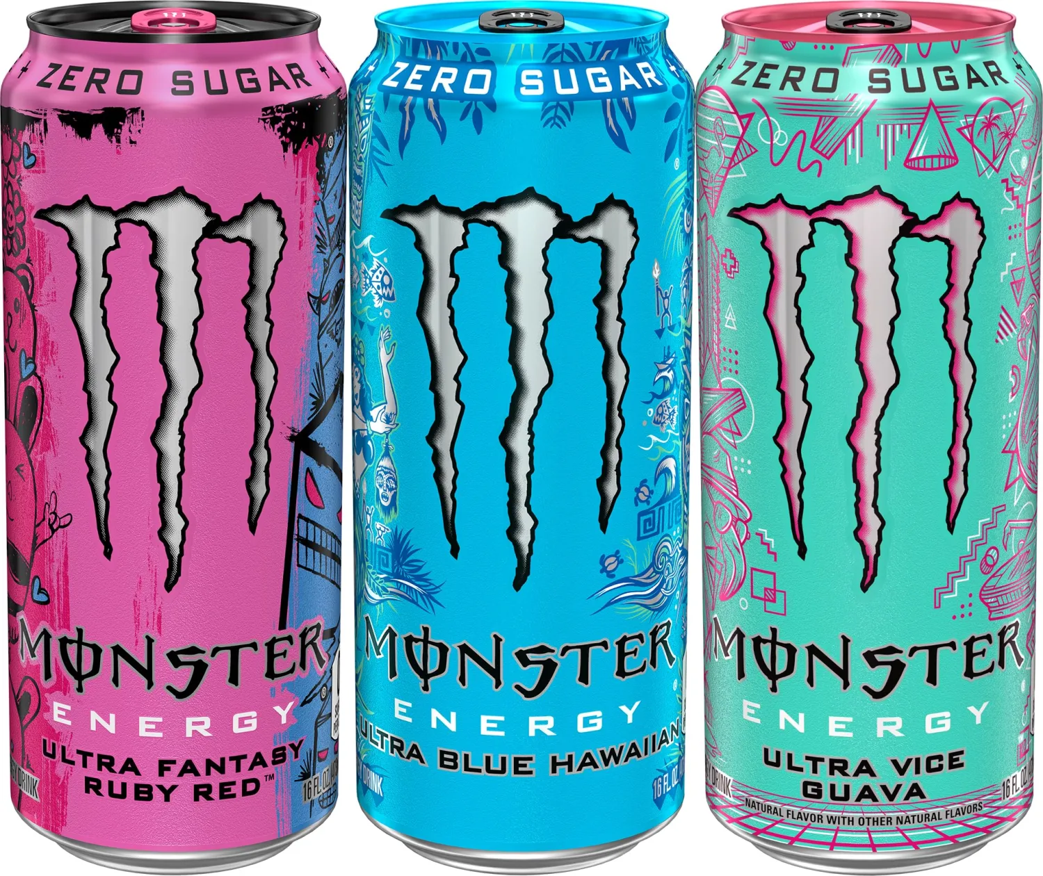 Monster Energy Ultra Variety Pack, Blue Hawaiian, Ultra Vice Guava, Ultra Fantasy Ruby Red, Sugar Free Energy Drink, 16 Ounce (Pack of 15)