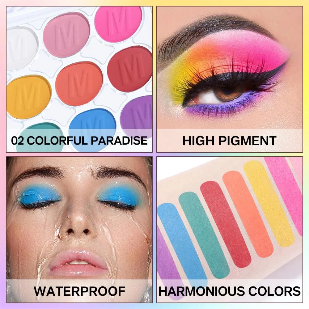 9 Colors Eyeshadow Palette Makeup, Multicolor Pop Eyeshadow Palette, Blendable Matte Shimmer, White Pink Rose Pink Yellow Orange Red Green Blue Purple Palette Eye Shadow, Long-lasting waterproof 2#