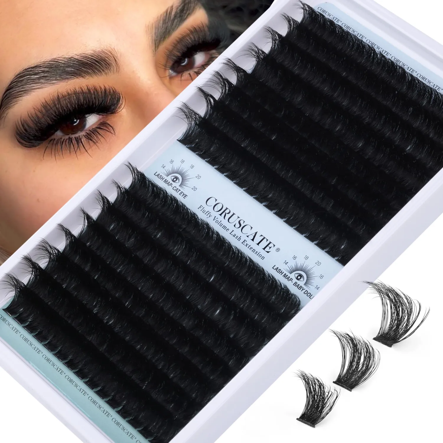 Fluffy Lash Clusters 120D+150D Eyelash Clusters Long Individual Lashes 14-20mm Thick D Curl Cluster Eyelash Extensions 256pcs Volume Strip Eyelashes Mink DIY Cat Eye Lashes Extension by CORUSCATE