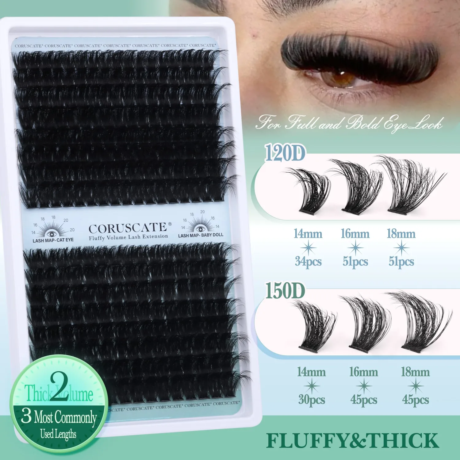 Fluffy Lash Clusters 120D+150D Eyelash Clusters Long Individual Lashes 14-20mm Thick D Curl Cluster Eyelash Extensions 256pcs Volume Strip Eyelashes Mink DIY Cat Eye Lashes Extension by CORUSCATE