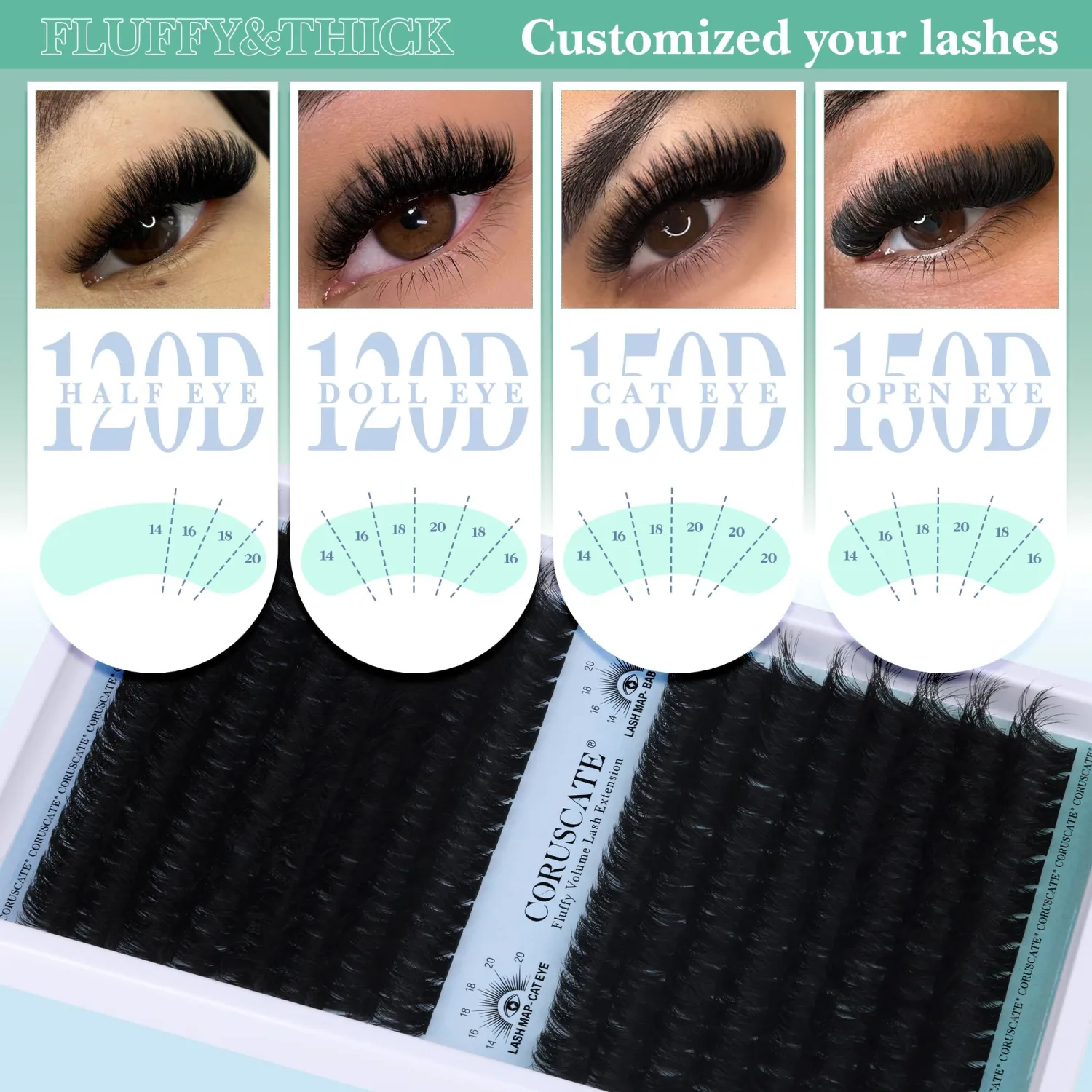 Fluffy Lash Clusters 120D+150D Eyelash Clusters Long Individual Lashes 14-20mm Thick D Curl Cluster Eyelash Extensions 256pcs Volume Strip Eyelashes Mink DIY Cat Eye Lashes Extension by CORUSCATE