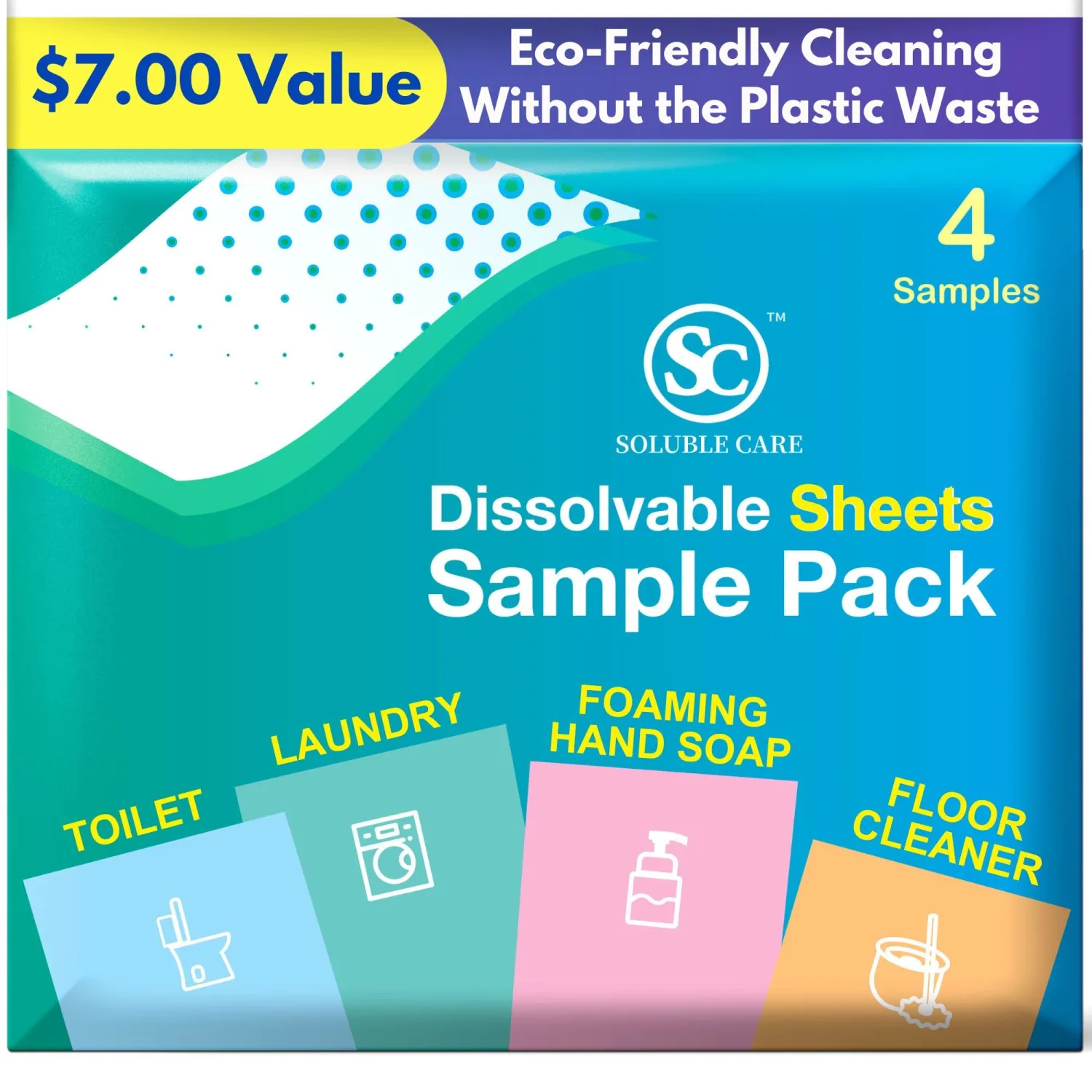 Sample Sheet Pack | Includes: 1 Laundry, 1 Toilet Cleaner, 1 Floor Cleaner & 1 Foaming Hand Soap Dissolvable Sheets (Concentrated, Compostable, Sustainable Cleaning Solution)