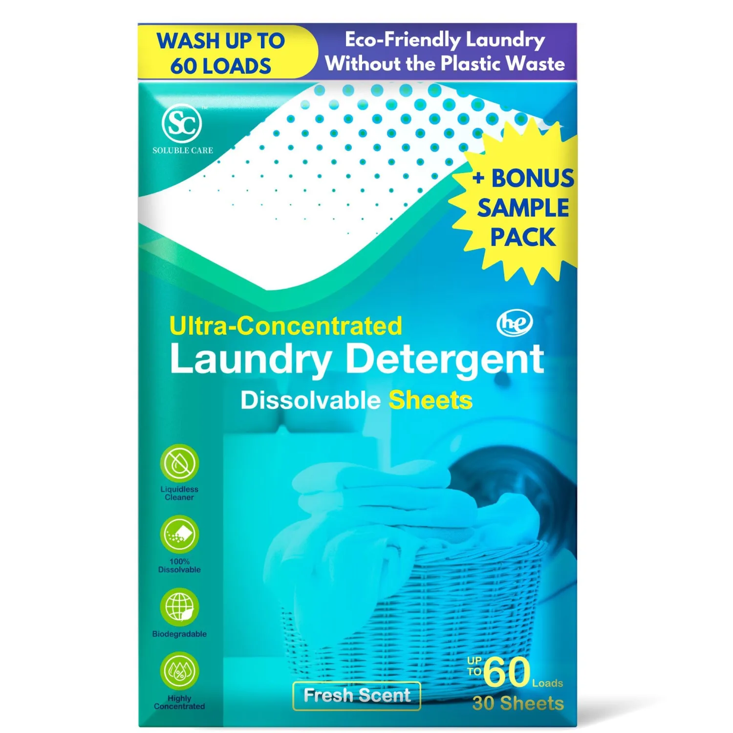 60 Loads Laundry Detergent Sheets (Ultra-Concentrated, Earth Friendly, Sustainable, Liquid-Free Solution), Includes Free 4-Sheet Bonus Pack – Fresh Scent