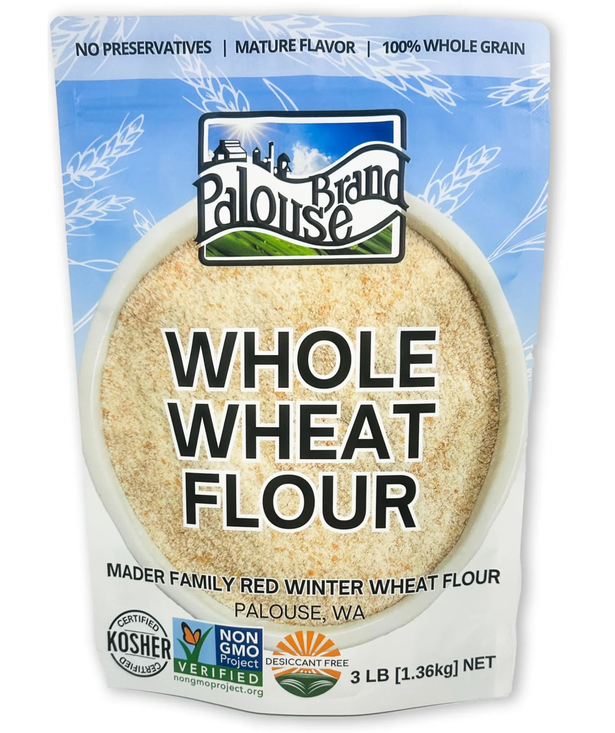 Certified Glyphosate Residue Free Unbleached Hard Red Winter Whole Wheat Flour | 3 LBS | Non-GMO | 100% Non-Irradiated | Certified Kosher Parve | USA Grown | Field Traced | Resealable Bag