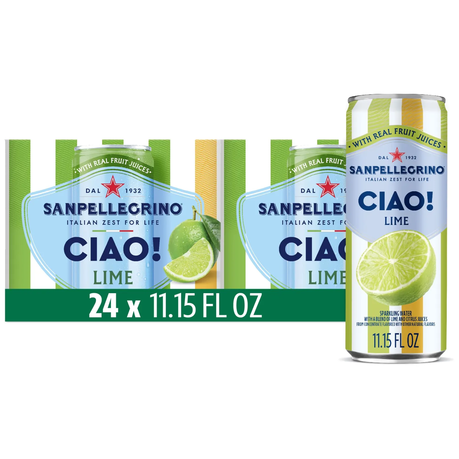 Sanpellegrino CIAO! Lime Sparkling Water, Low-Calorie Italian Sparkling Water with Real Fruit Juices, 0g Added Sugar, 24-Pack