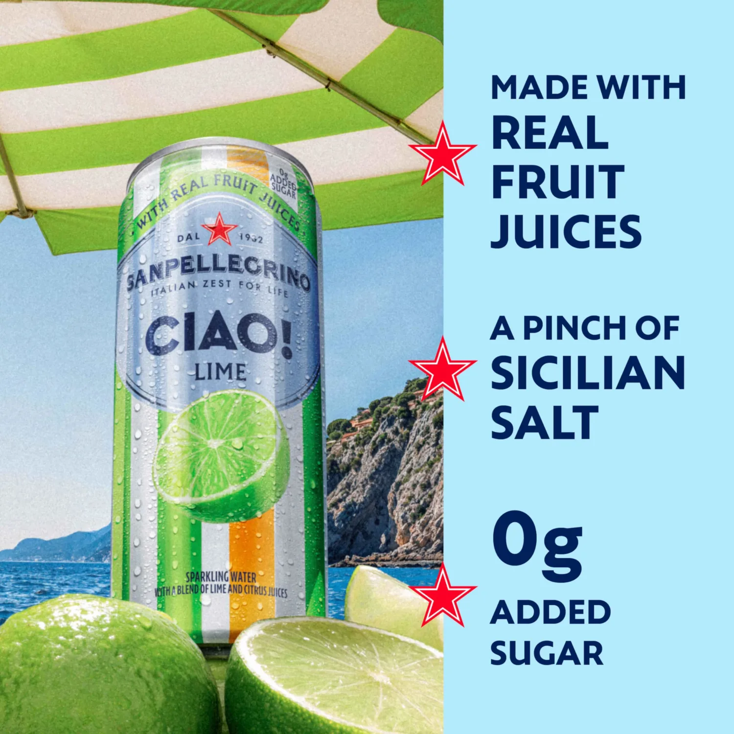 Sanpellegrino CIAO! Lime Sparkling Water, Low-Calorie Italian Sparkling Water with Real Fruit Juices, 0g Added Sugar, 24-Pack