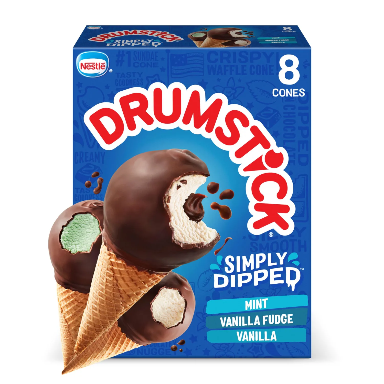 Drumstick, Simply Dipped Variety (Vanilla, Vanilla Fudge, Mint), 8 Count (Frozen)