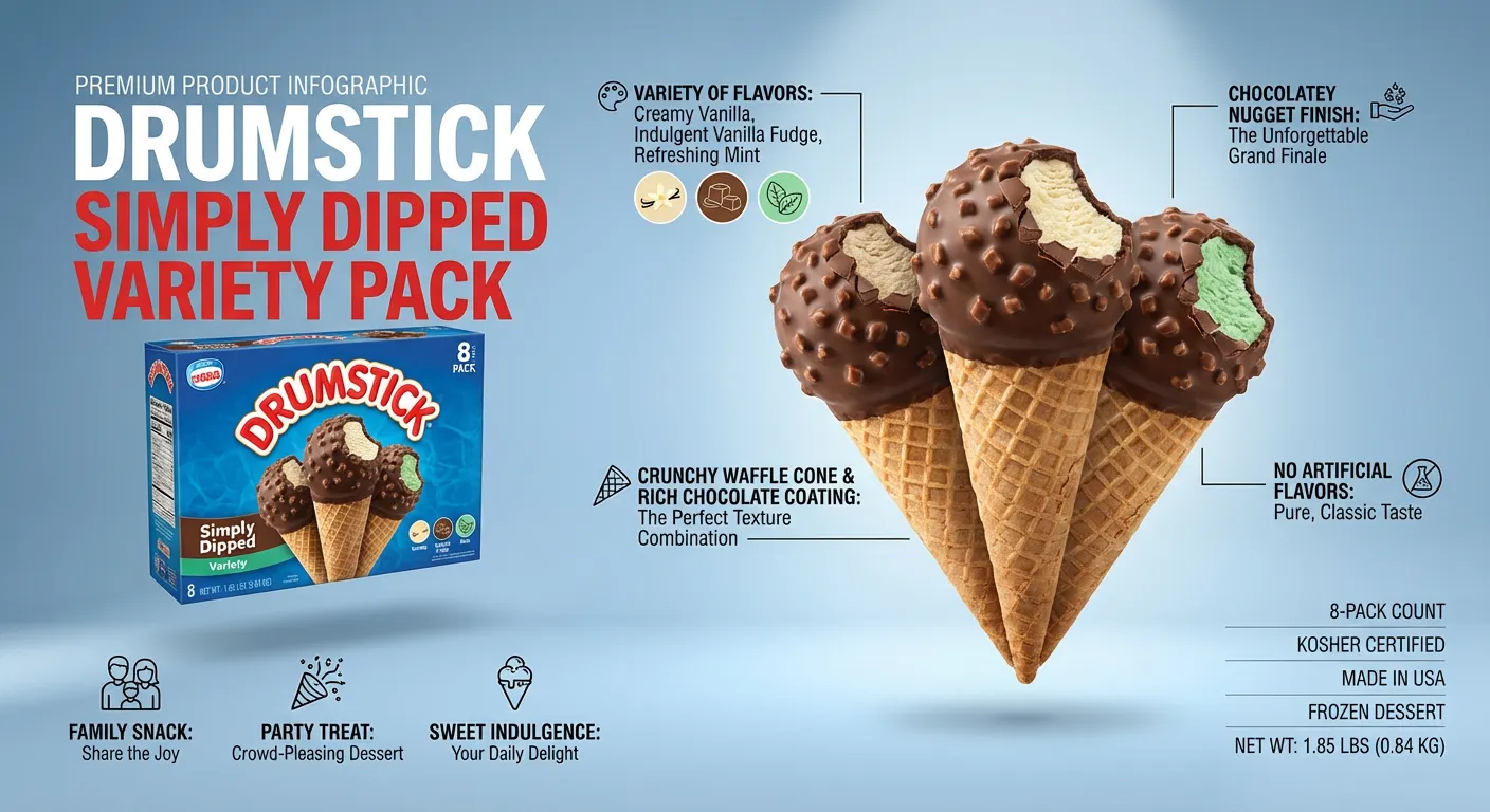 Drumstick, Simply Dipped Variety (Vanilla, Vanilla Fudge, Mint), 8 Count (Frozen)