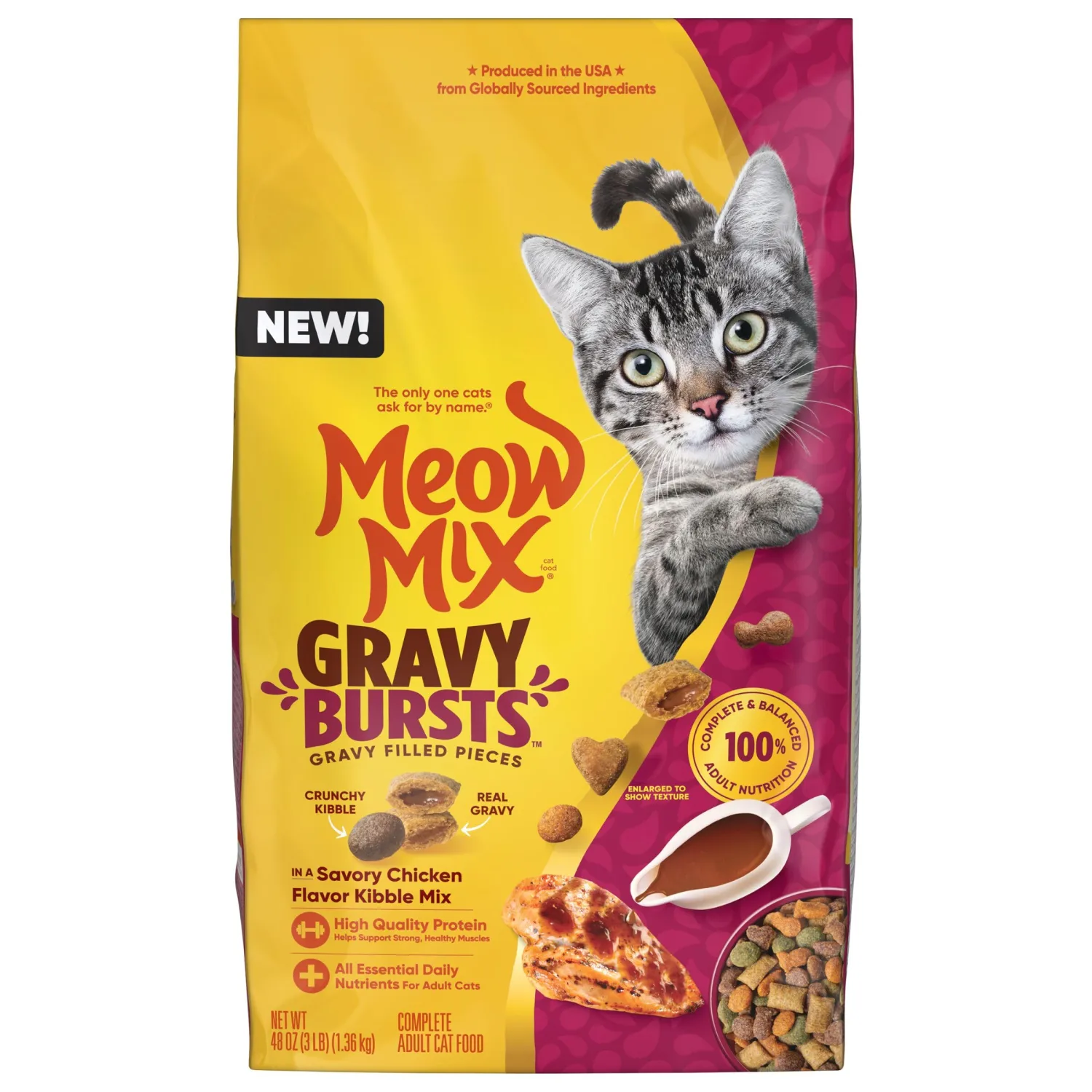 Meow Mix Gravy Bursts Dry Cat Food, Chicken, 3 LB Bag