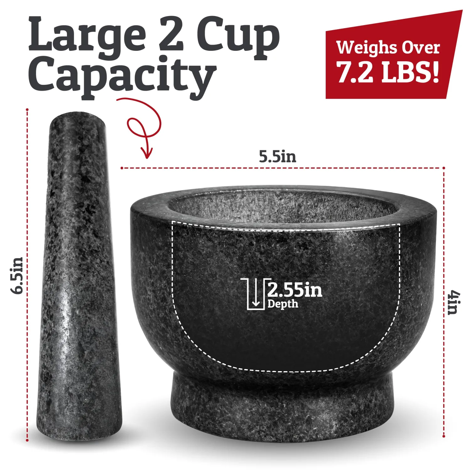 PriorityChef Large Mortar and Pestle Set, 2 Cups, 100% Natural Granite Mortar and Pestle Stone Grinder Bowl, Molcajete Bowl, Avocado Masher Guacamole Bowls, Black