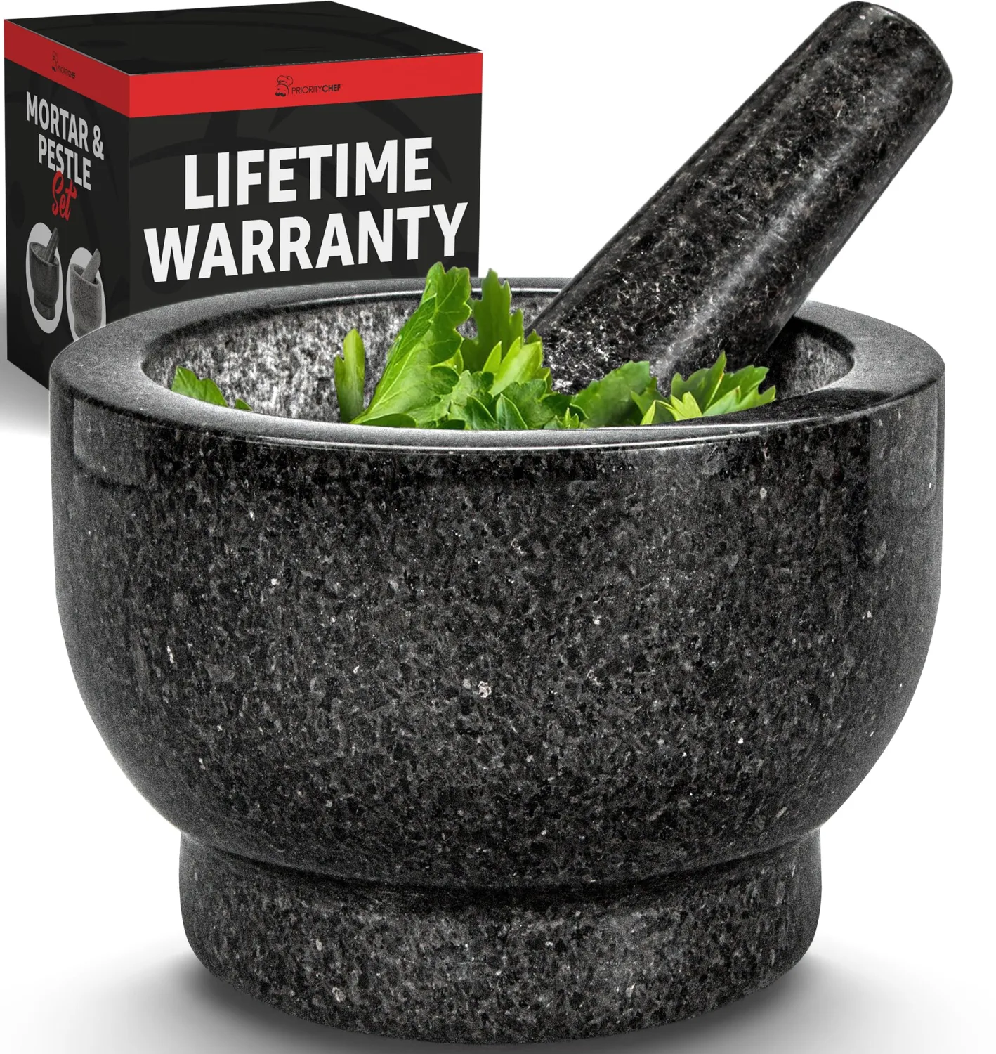 PriorityChef Large Mortar and Pestle Set, 2 Cups, 100% Natural Granite Mortar and Pestle Stone Grinder Bowl, Molcajete Bowl, Avocado Masher Guacamole Bowls, Black