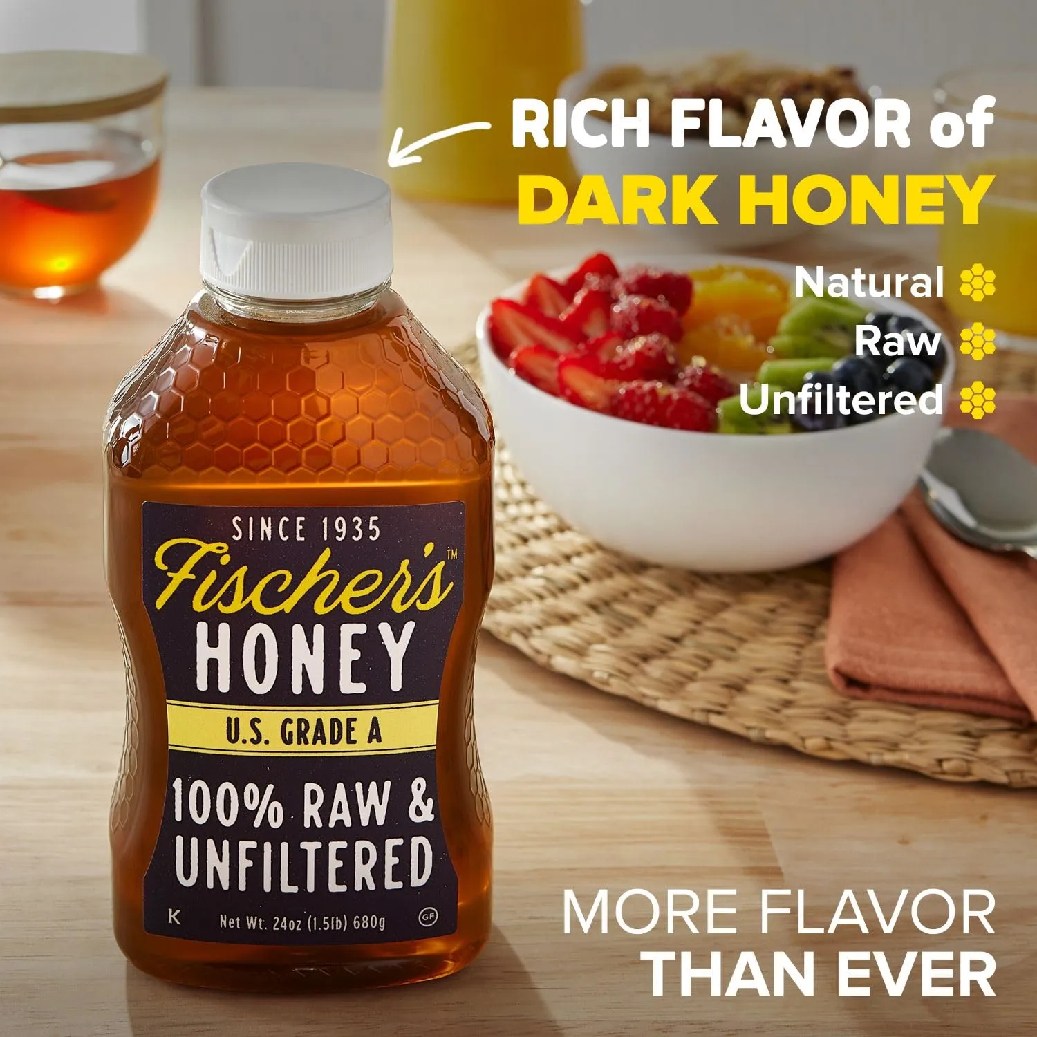 Fischer's 100% Pure, Raw & Unfiltered Honey – USA Made Honey, 24 oz – All-Natural Sweetener – Rich Flavor Profile, Packed with Nutrients