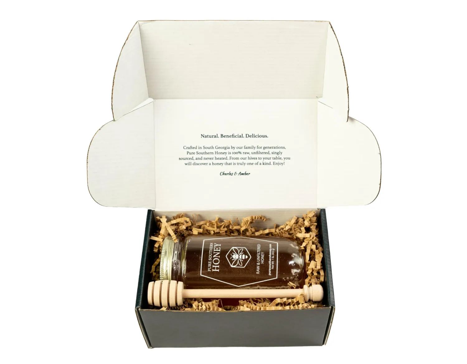 100% Authentic, USA - Made Raw Unfiltered Gourmet Honey Gift Box with Dipper by Pure Southern Honey [ 1 lb] - Unheated - Non - GMO, No Additives, All - Natural Sweetener- Environmental-Friendly Glass Jar