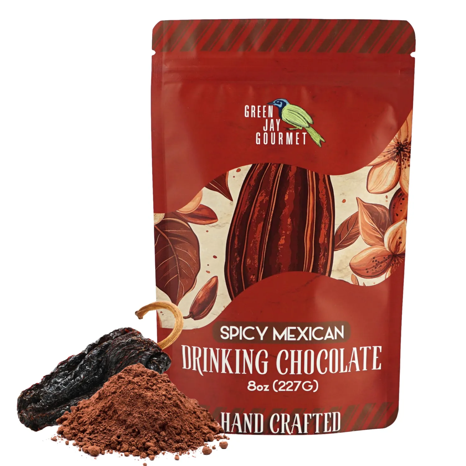 Green Jay Gourmet Hot Chocolate Mix - Spicy Mexican Hot Cocoa Mix for an Indulgent Drinking Chocolate Experience - Smooth, All Natural Hot Coco w/Turbinado Sugar & Ancho Chile Powder - 8 Ounces