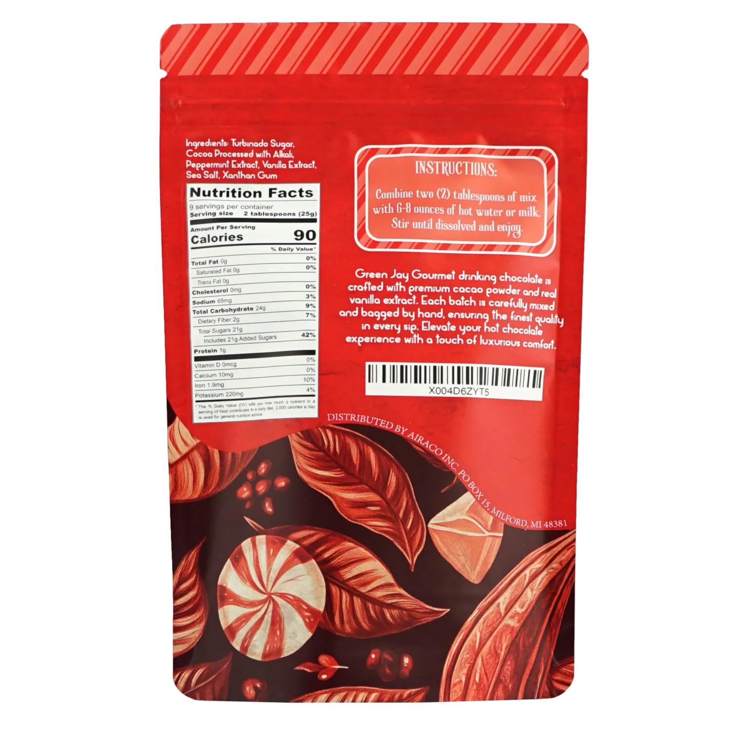 Green Jay Gourmet Hot Chocolate Mix - Peppermint Hot Cocoa Mix for an Indulgent Drinking Chocolate Experience - Smooth, All Natural Hot Coco w/Turbinado Sugar & Real Vanilla Extract - 8 Ounces