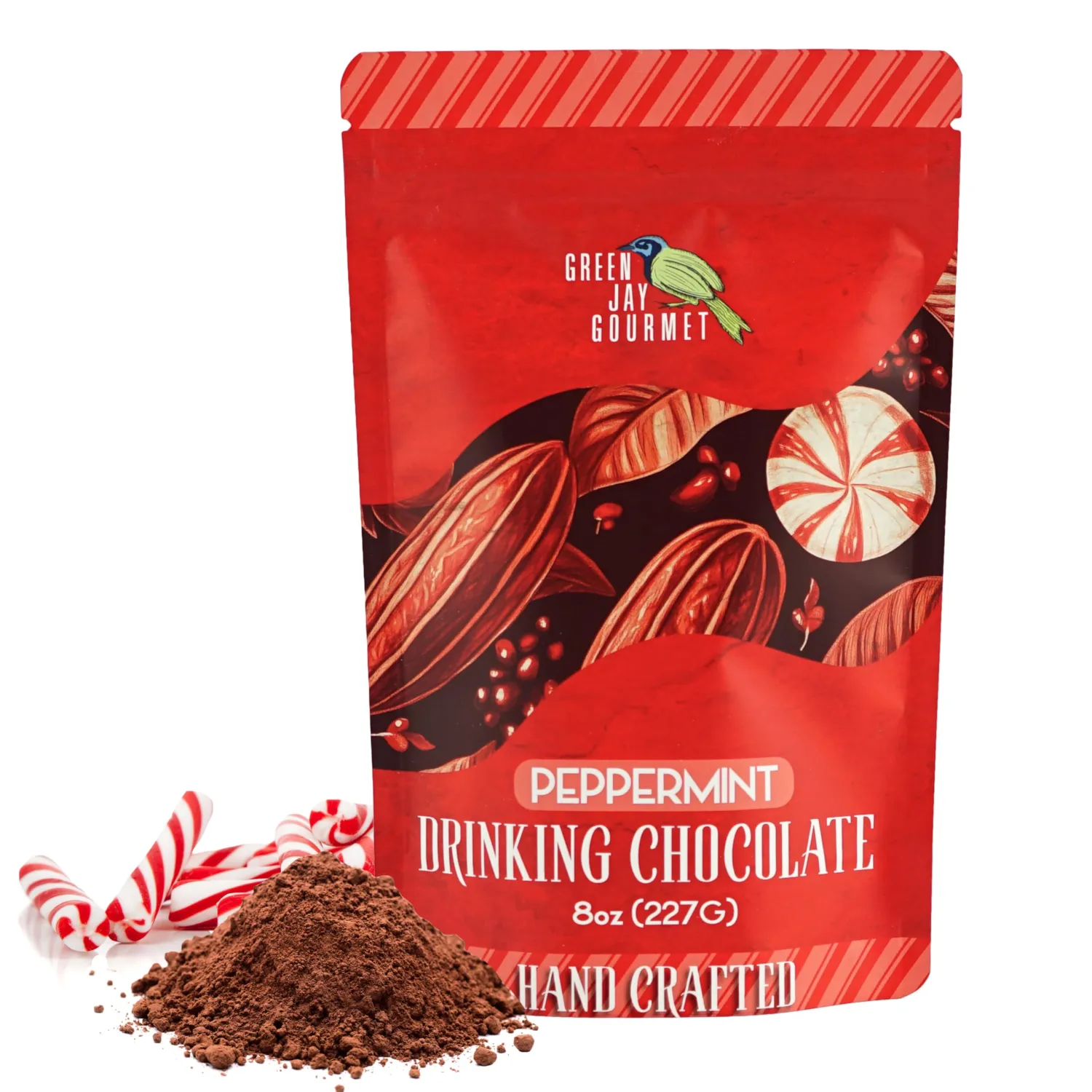 Green Jay Gourmet Hot Chocolate Mix - Peppermint Hot Cocoa Mix for an Indulgent Drinking Chocolate Experience - Smooth, All Natural Hot Coco w/Turbinado Sugar & Real Vanilla Extract - 8 Ounces