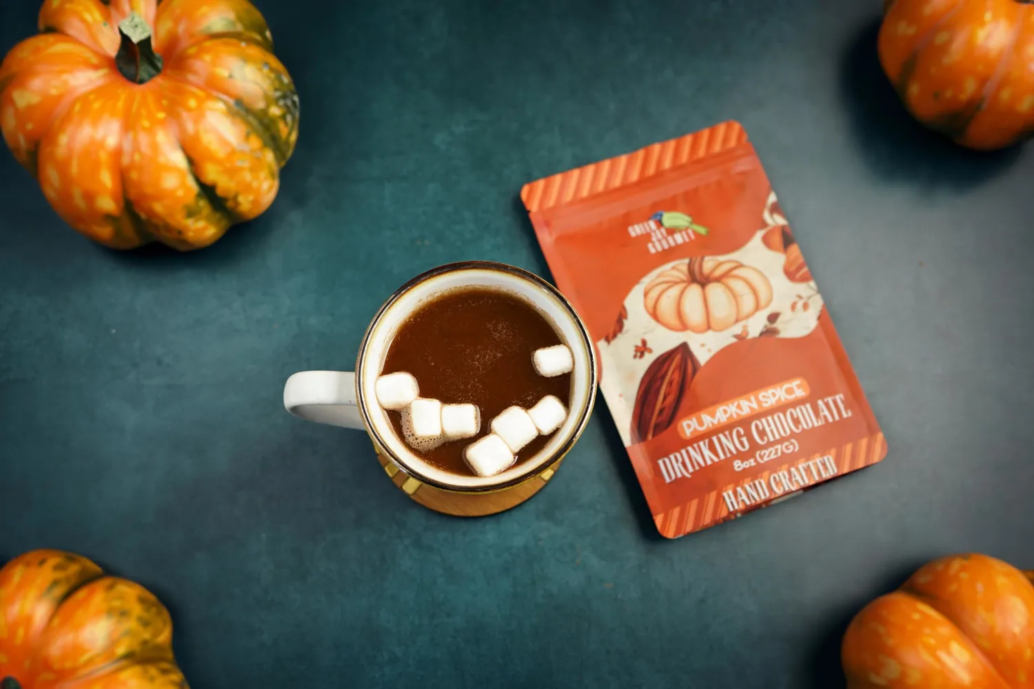 Green Jay Gourmet Hot Chocolate Mix - Pumpkin Spice Hot Cocoa Mix for an Indulgent Drinking Chocolate Experience - Smooth, All Natural Hot Coco w/Turbinado Sugar & Real Vanilla Extract - 8 Ounces