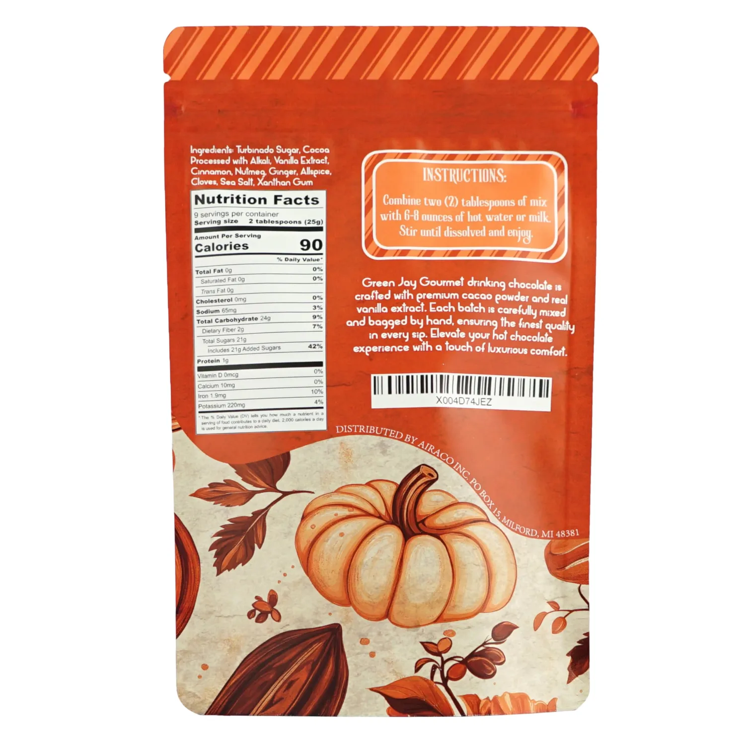 Green Jay Gourmet Hot Chocolate Mix - Pumpkin Spice Hot Cocoa Mix for an Indulgent Drinking Chocolate Experience - Smooth, All Natural Hot Coco w/Turbinado Sugar & Real Vanilla Extract - 8 Ounces