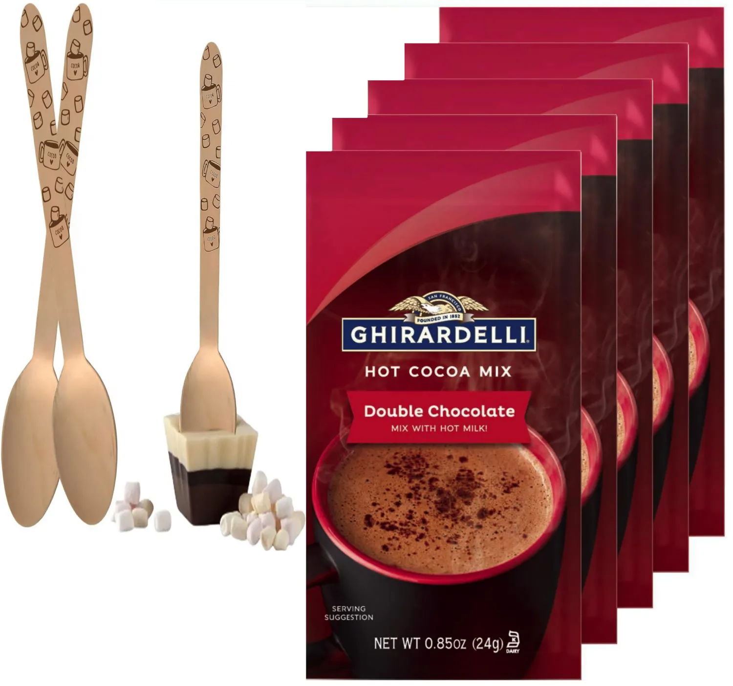 Concession Essentials Ghirardelli Double Chocolate Hot Cocoa Mix Packets, 5 Pack with Printed Wooden Spoons