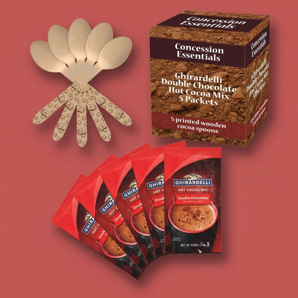 Concession Essentials Ghirardelli Double Chocolate Hot Cocoa Mix Packets, 5 Pack with Printed Wooden Spoons