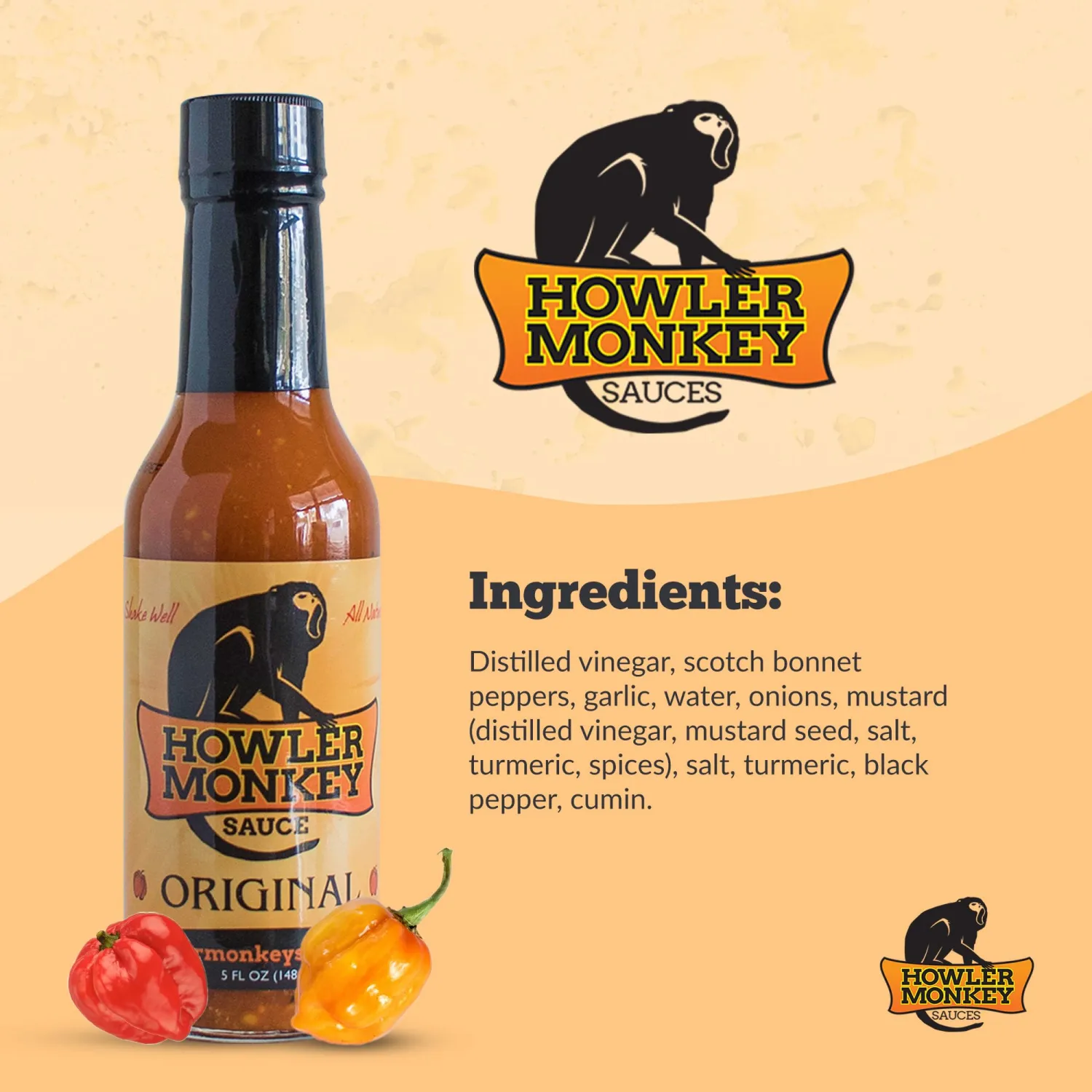 Howler Monkey Sauce Original - Panamanian-Style Hot Sauce with Aji Chombo Peppers - Gluten-Free, No Carbs, Low Sodium - 5 oz (1-Pack)