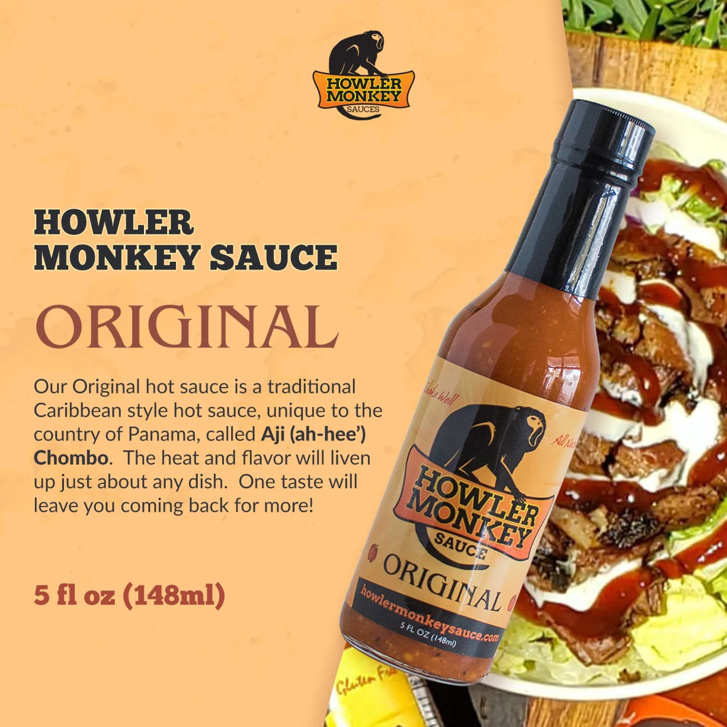 Howler Monkey Sauce Original - Panamanian-Style Hot Sauce with Aji Chombo Peppers - Gluten-Free, No Carbs, Low Sodium - 5 oz (1-Pack)