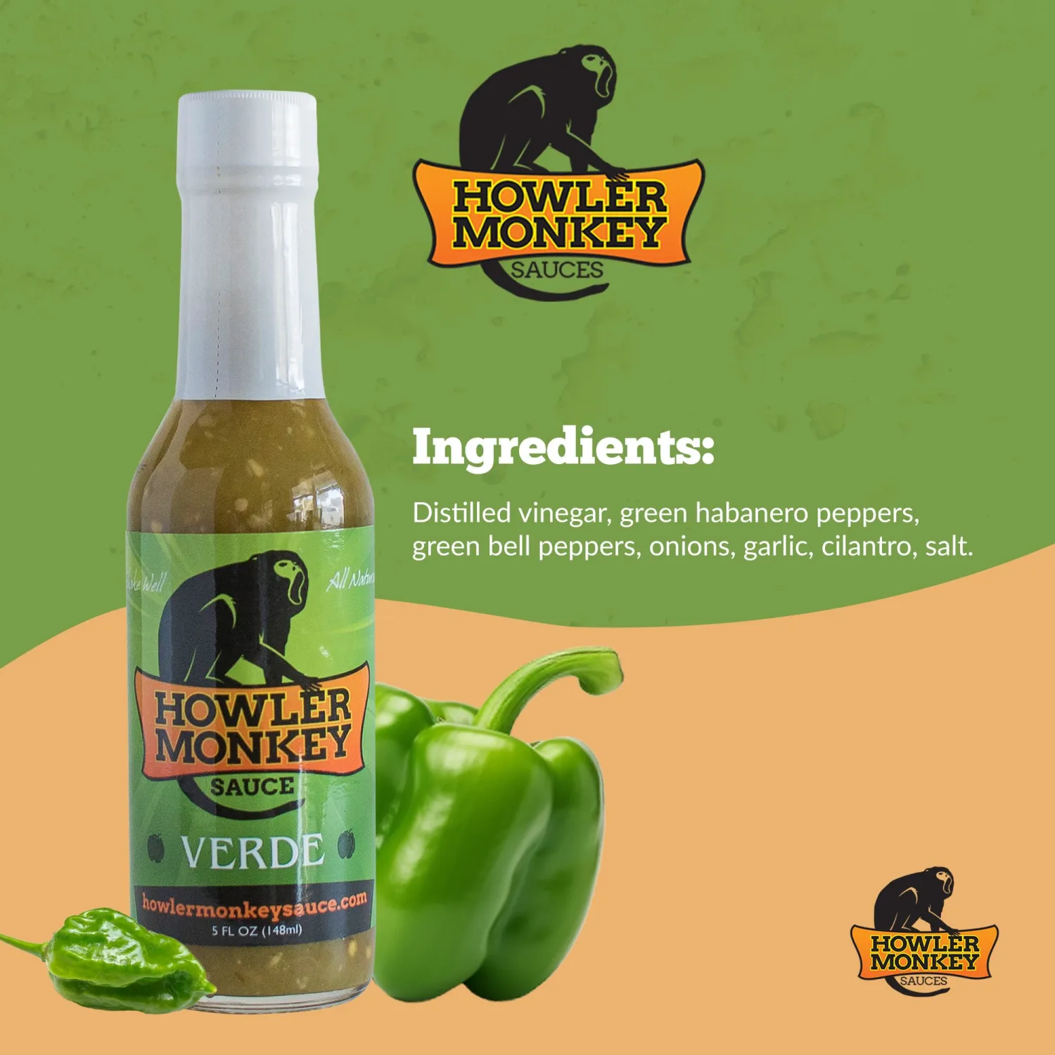 Howler Monkey Sauce Verde - Aji Chombo-Inspired Hot Sauce - Gluten-Free, No Carbs, Low Sodium - Panamanian-Style - 5 oz (1-Pack)