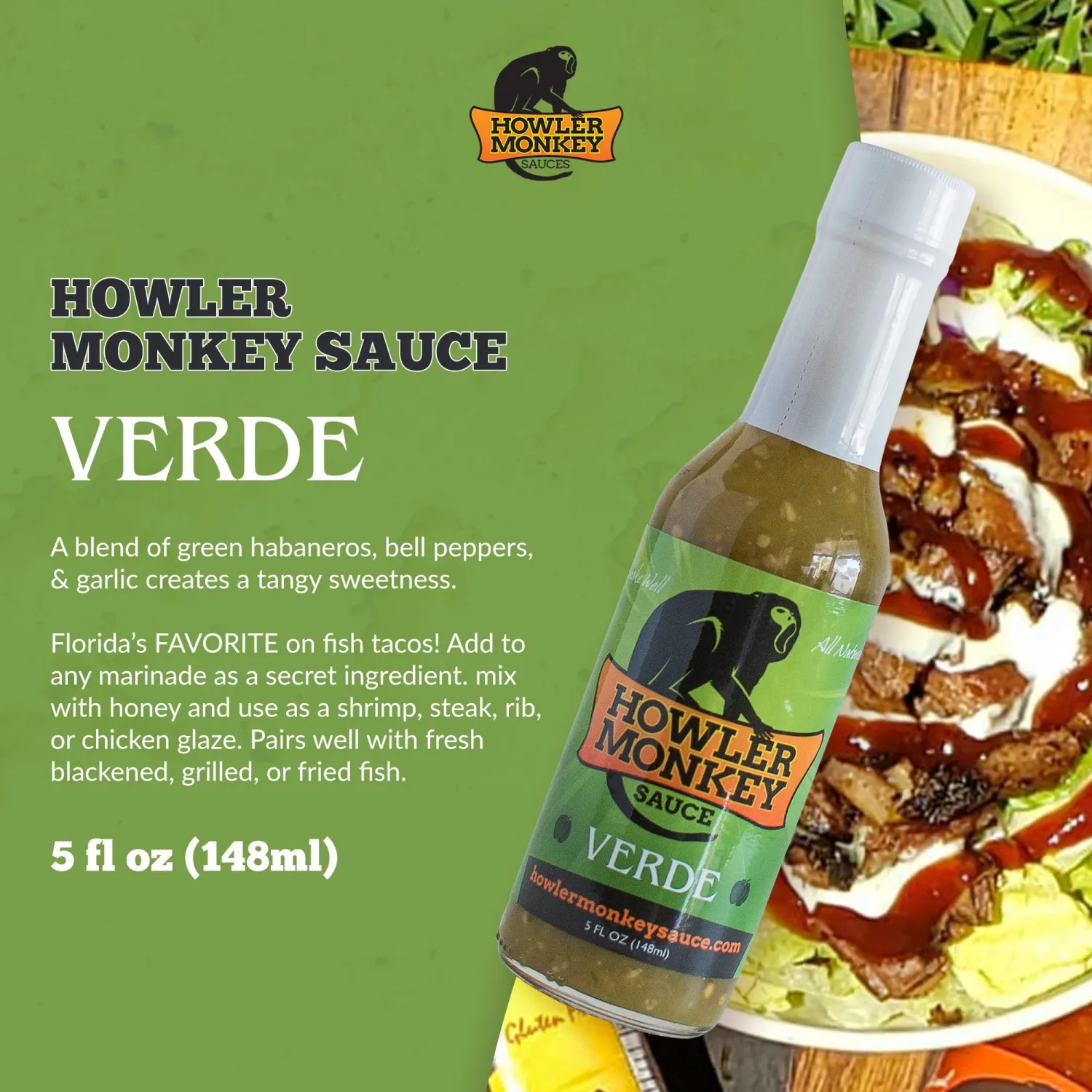 Howler Monkey Sauce Verde - Aji Chombo-Inspired Hot Sauce - Gluten-Free, No Carbs, Low Sodium - Panamanian-Style - 5 oz (1-Pack)