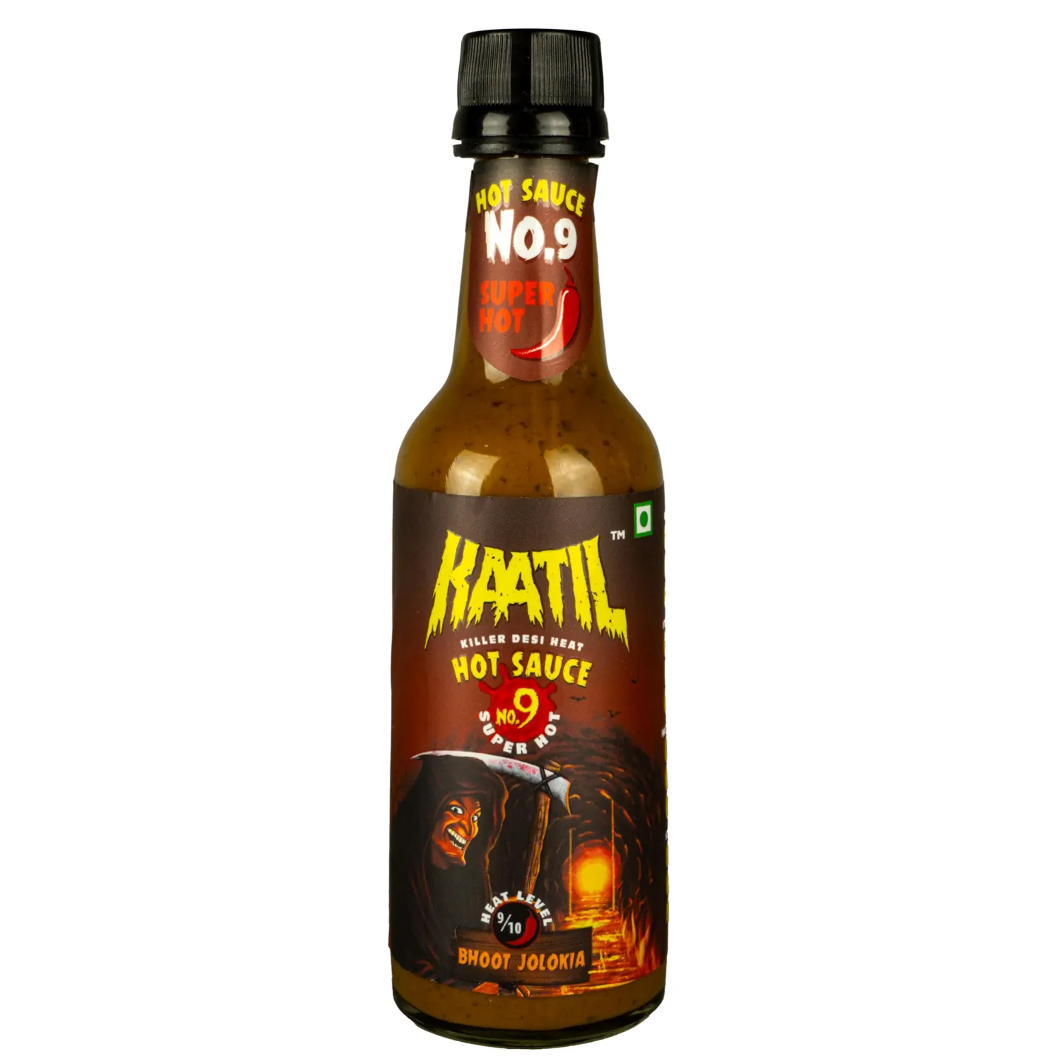 Kaatil Hot Sauce No. 9 | Super Hot Ghost Pepper Sauce | Made with Authentic Indian Bhoot Jolokia Chillies | Works as a Dip, Spread, Marinade, Saute, Stir-fry, Finishing Sauce | No Artificial Colours, Flavours | Made in India | Vegan | 7 Oz | No Artificial Heat