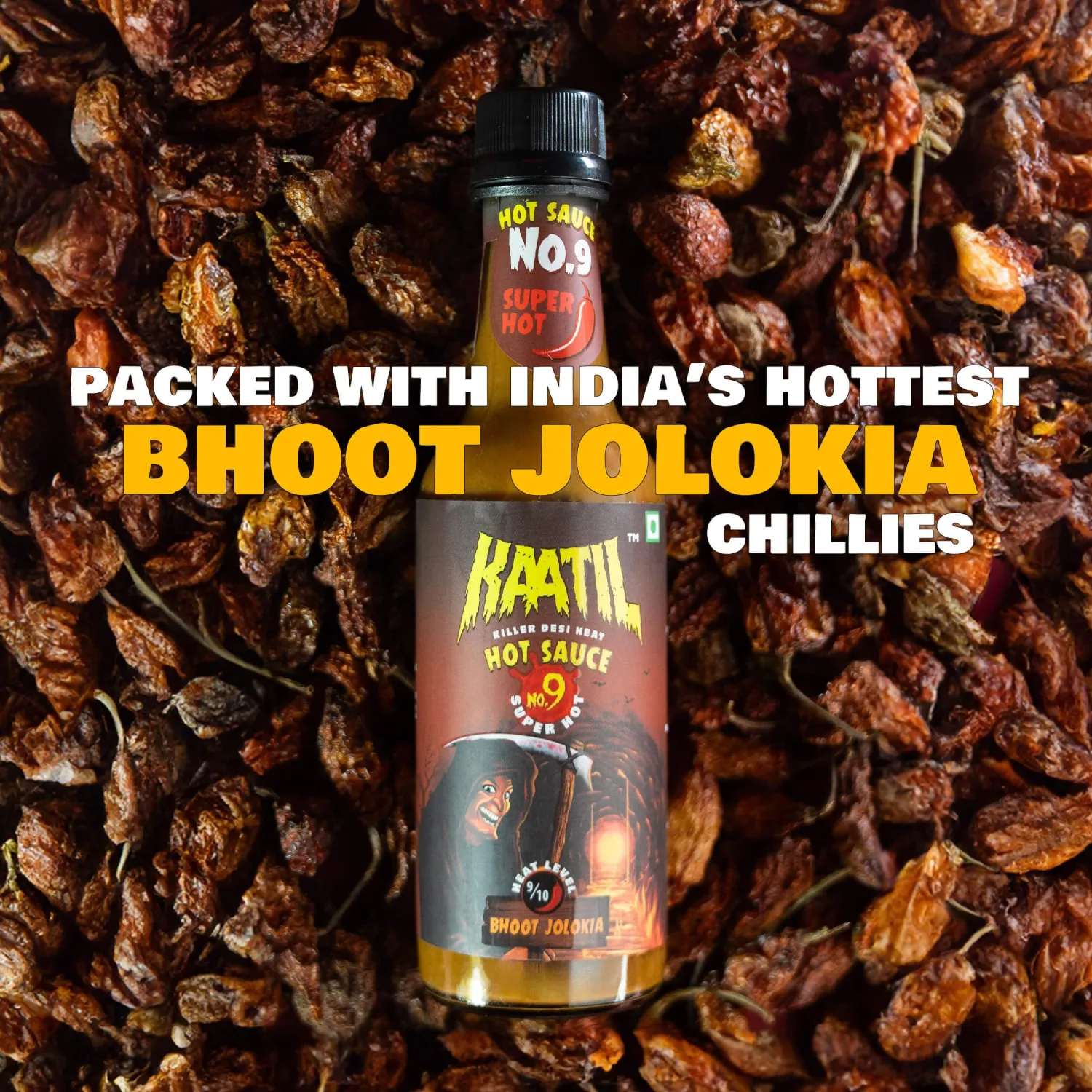 Kaatil Hot Sauce No. 9 | Super Hot Ghost Pepper Sauce | Made with Authentic Indian Bhoot Jolokia Chillies | Works as a Dip, Spread, Marinade, Saute, Stir-fry, Finishing Sauce | No Artificial Colours, Flavours | Made in India | Vegan | 7 Oz | No Artificial Heat