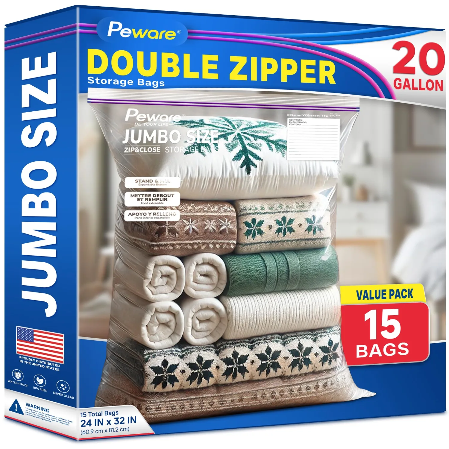 20 GALLON Jumbo Storage Bags, 4Mil Thick Giant Plastic Bags, Double Zipper Extra Large XXL Zip Top Baggies for Clothes Pillow Travel Moving, 24"x32" [15 COUNT]