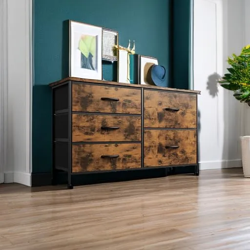 Nicehill Dresser for Bedroom with 5 Drawers, Storage Drawer Organizer, Wide Chest of Drawers for Closet, Clothes, Kids, TV Stand with Storage Drawers, Wood Board, Fabric Drawers (Rustic Brown)