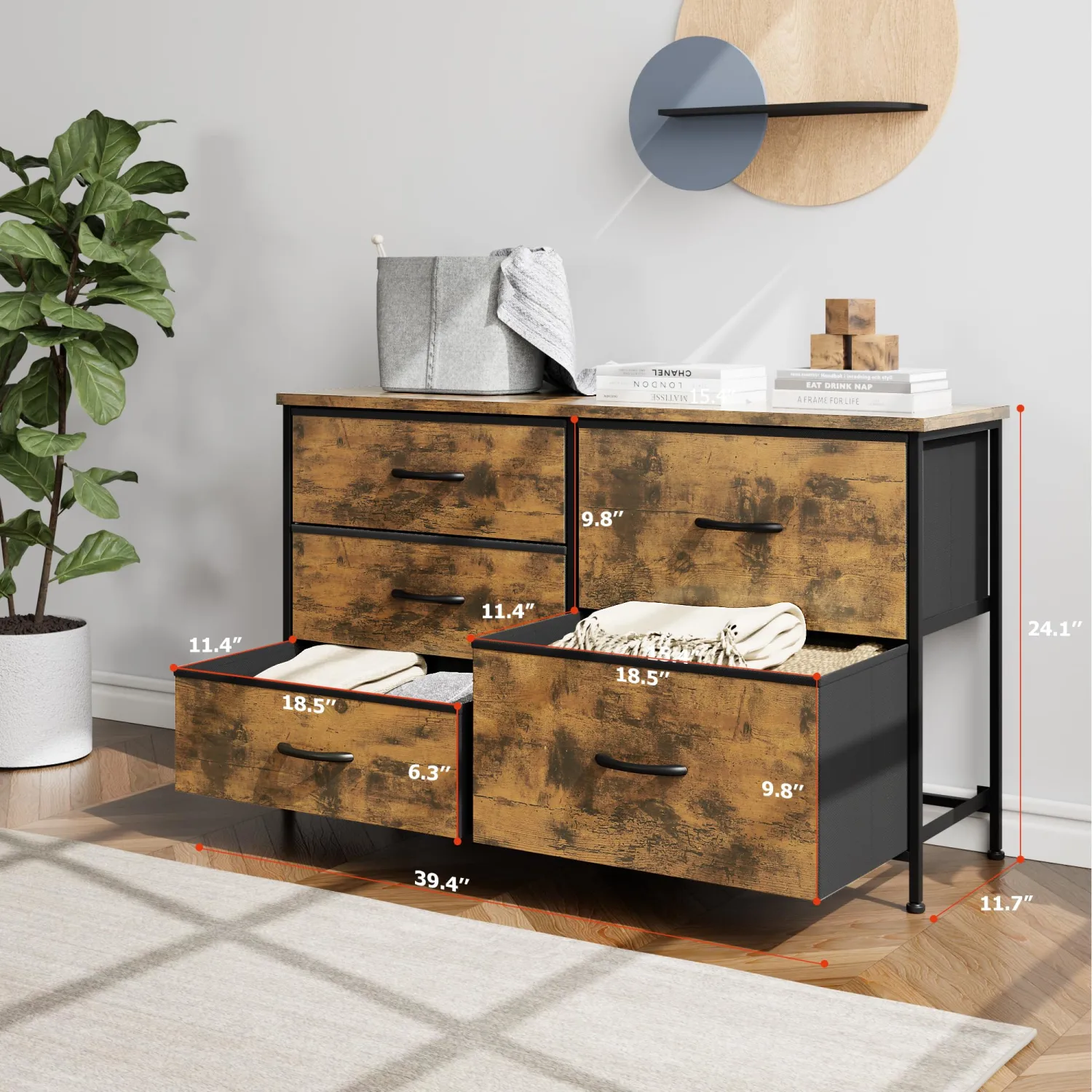 Nicehill Dresser for Bedroom with 5 Drawers, Storage Drawer Organizer, Wide Chest of Drawers for Closet, Clothes, Kids, TV Stand with Storage Drawers, Wood Board, Fabric Drawers (Rustic Brown)