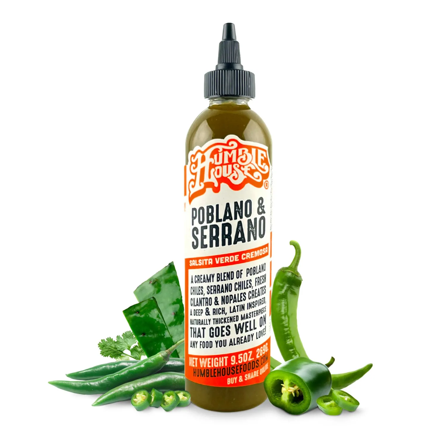 Humble House - Poblano & Serrano Pepper Hot Sauce, Zero-Calorie Low-Sodium Vegan Condiments for Chicken Wings, Tamales, Tacos, Sopes & More, All-Natural Preservative-Free Sauces for Food, 9.5 oz (1 Pack, Poblano & Serrano)