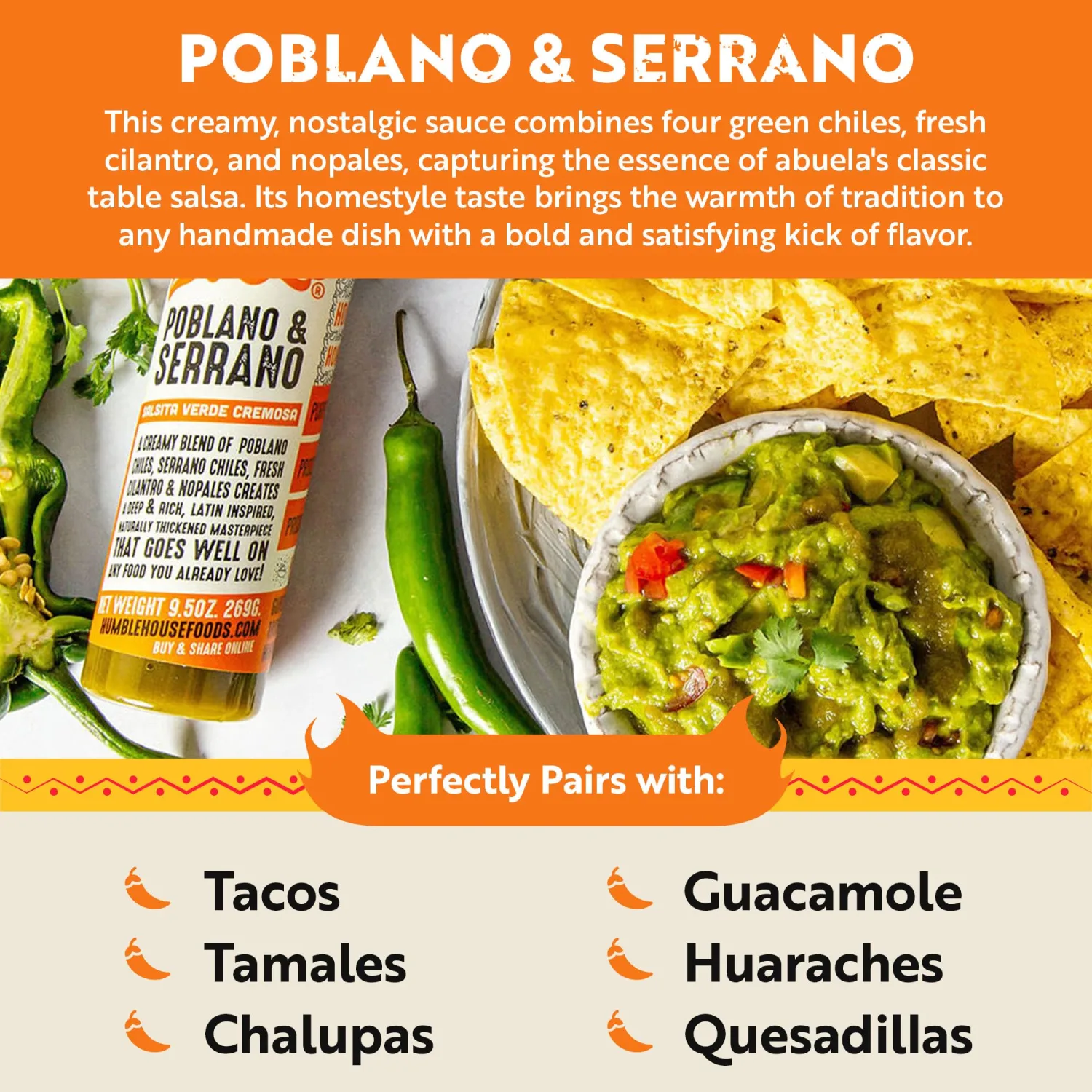 Humble House - Poblano & Serrano Pepper Hot Sauce, Zero-Calorie Low-Sodium Vegan Condiments for Chicken Wings, Tamales, Tacos, Sopes & More, All-Natural Preservative-Free Sauces for Food, 9.5 oz (1 Pack, Poblano & Serrano)